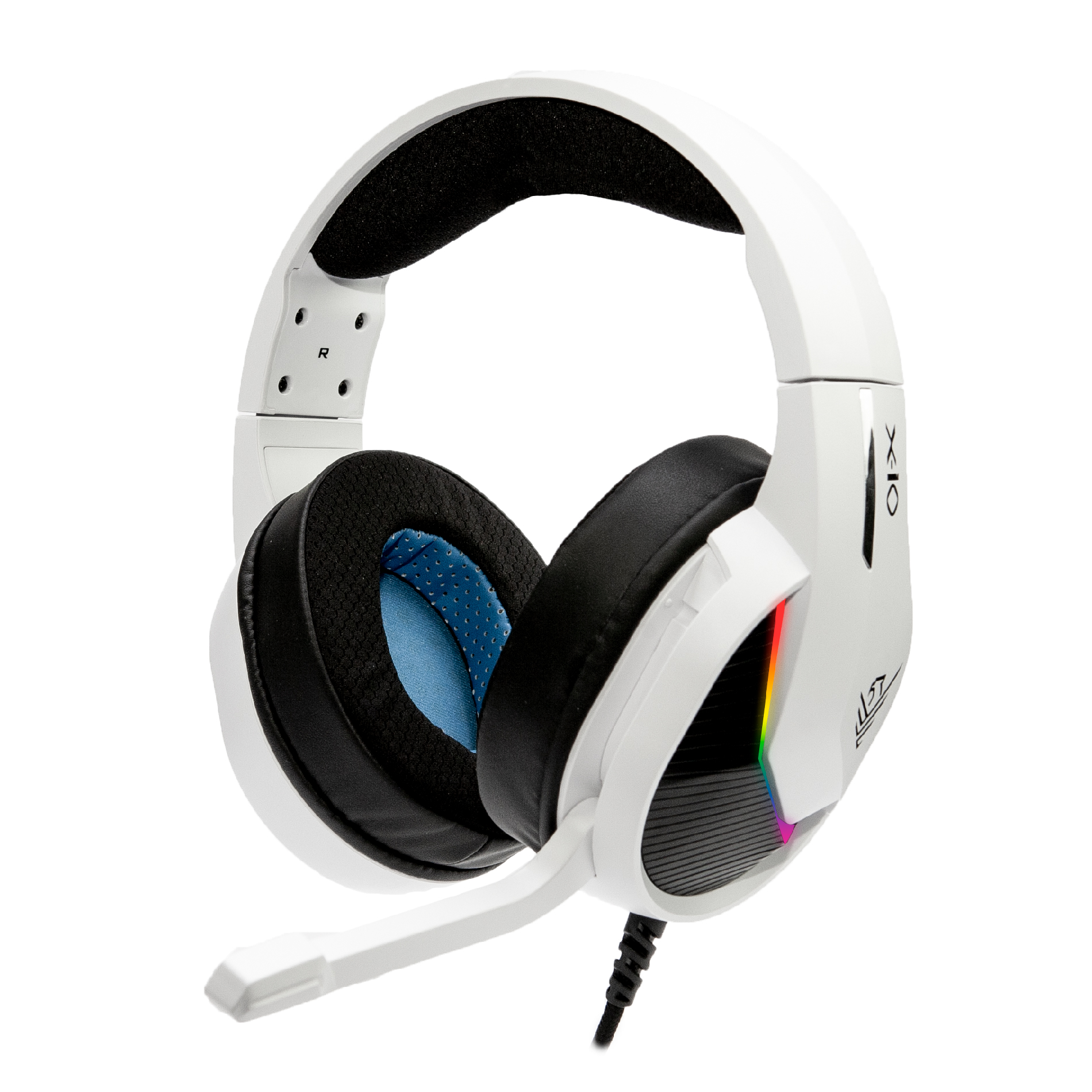 Cuffie da gaming bianche con padiglioni neri, un microfono e illuminazione RGB laterale.
