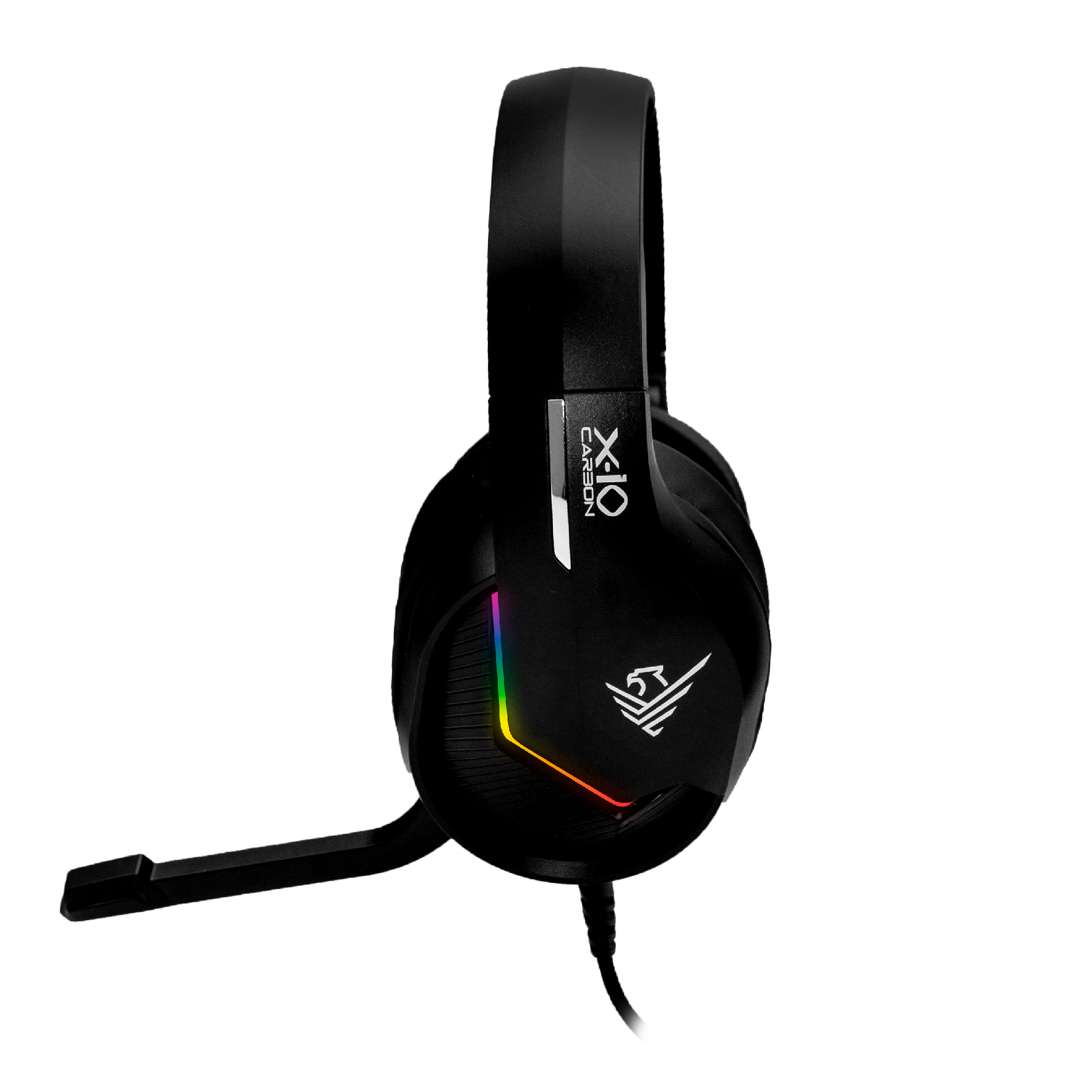 Cuffie da gioco nere con microfono e luci arcobaleno.