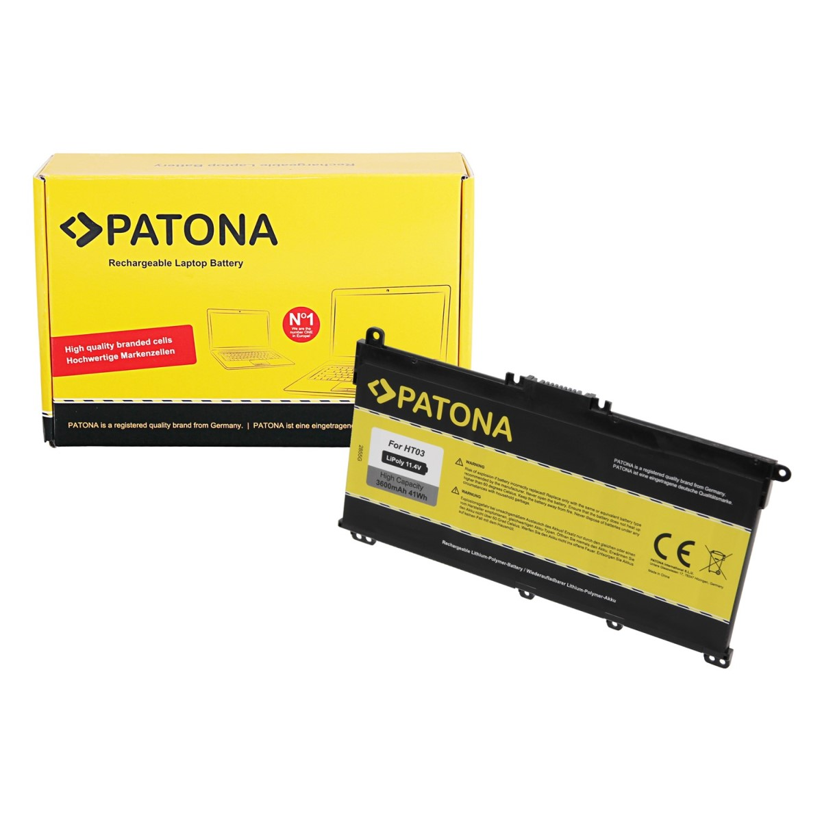 Eine gelbe Box mit einem Akku und dem Text 'PATONA Rechargeable Laptop Battery' und 'For HT03'.