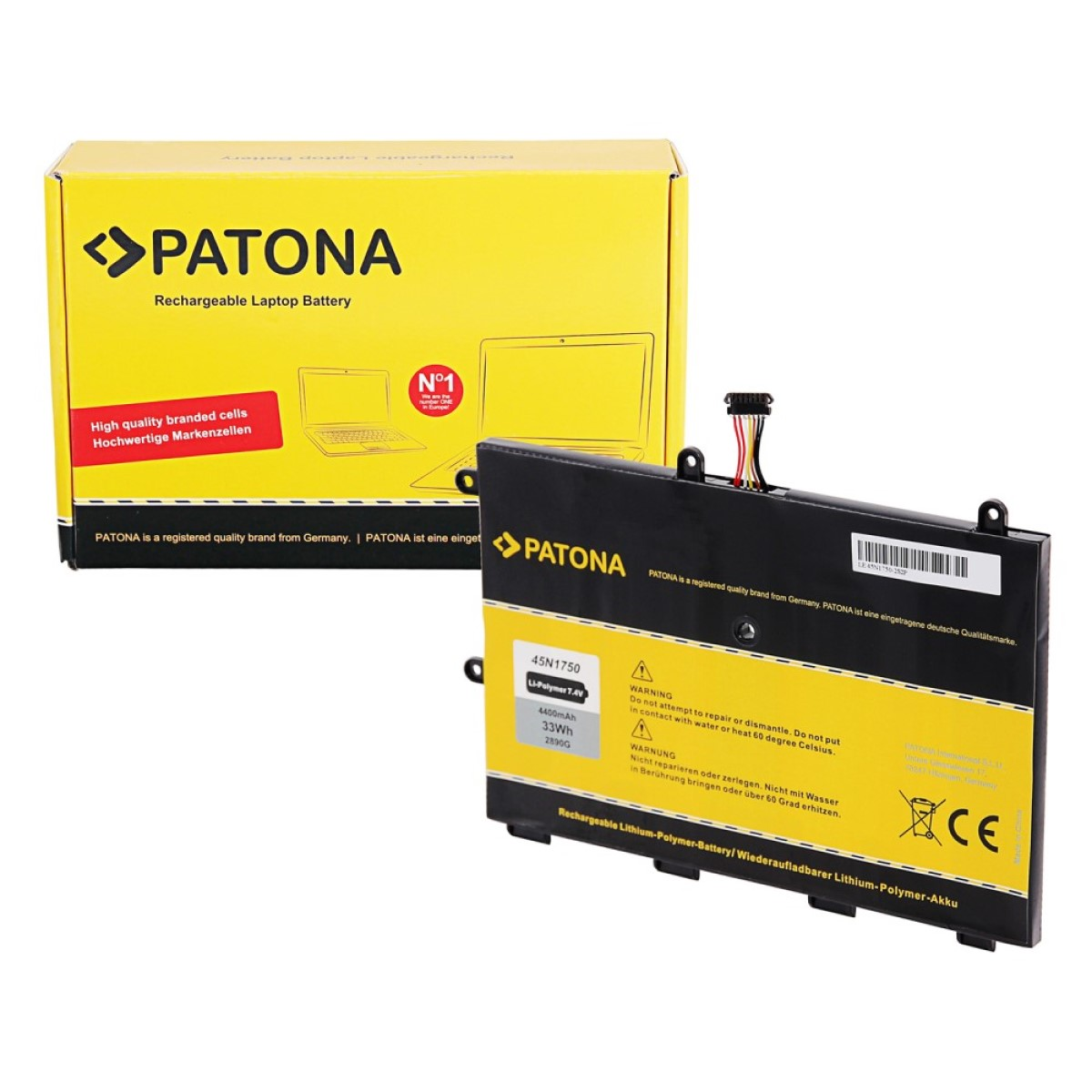 Schwarze und gelbe Laptop-Batterie in einer Box. Weißer Hintergrund.