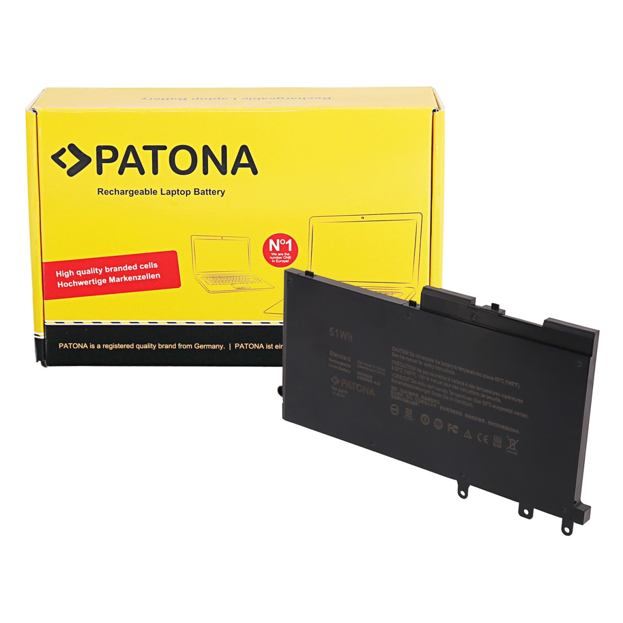 Eine gelbe Batteriebox und eine schwarze Laptopbatterie, isoliert auf Weiß.
