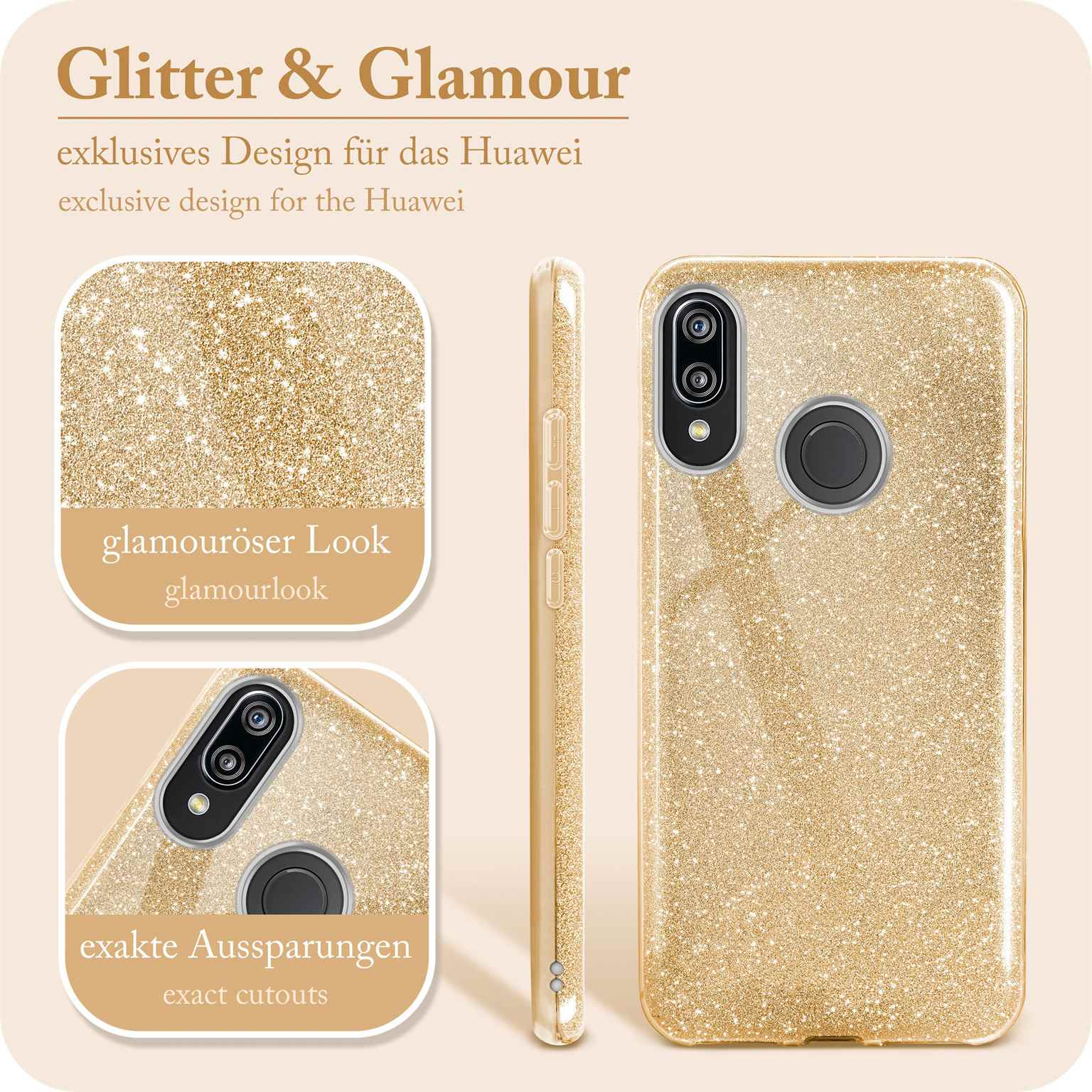 Goldene Glitzer-Handyhülle mit Nahaufnahme der Kamera und exakten Aussparungen für das Huawei-Telefon.