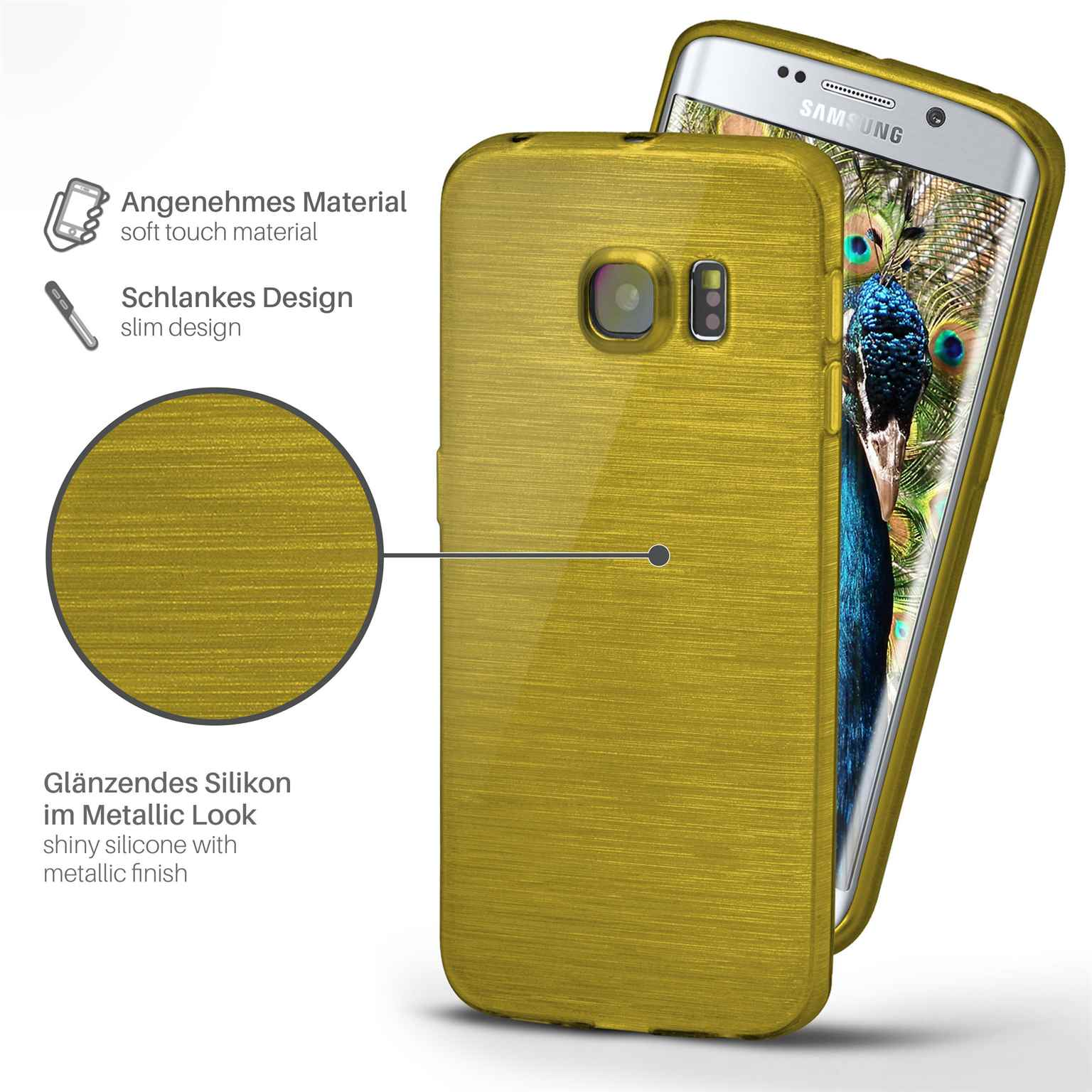 Goldene Handyhülle für ein Samsung. Details: Soft-Touch, schlankes Design, glänzendes Silikon mit Metallic-Finish.