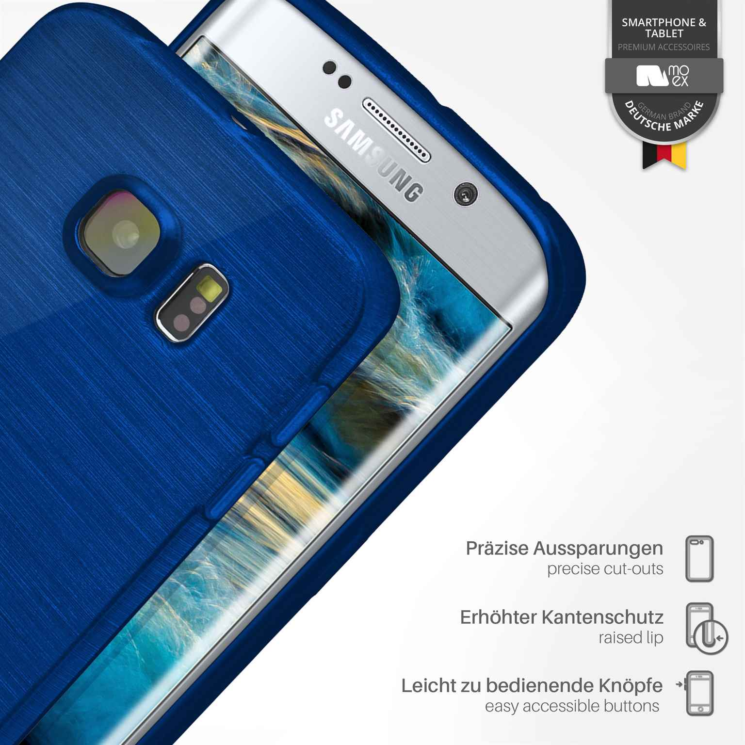 Eine blaue Samsung-Handyhülle mit erhöhtem Rand, die die Rückseite des Telefons bedeckt. Text beschreibt es.
