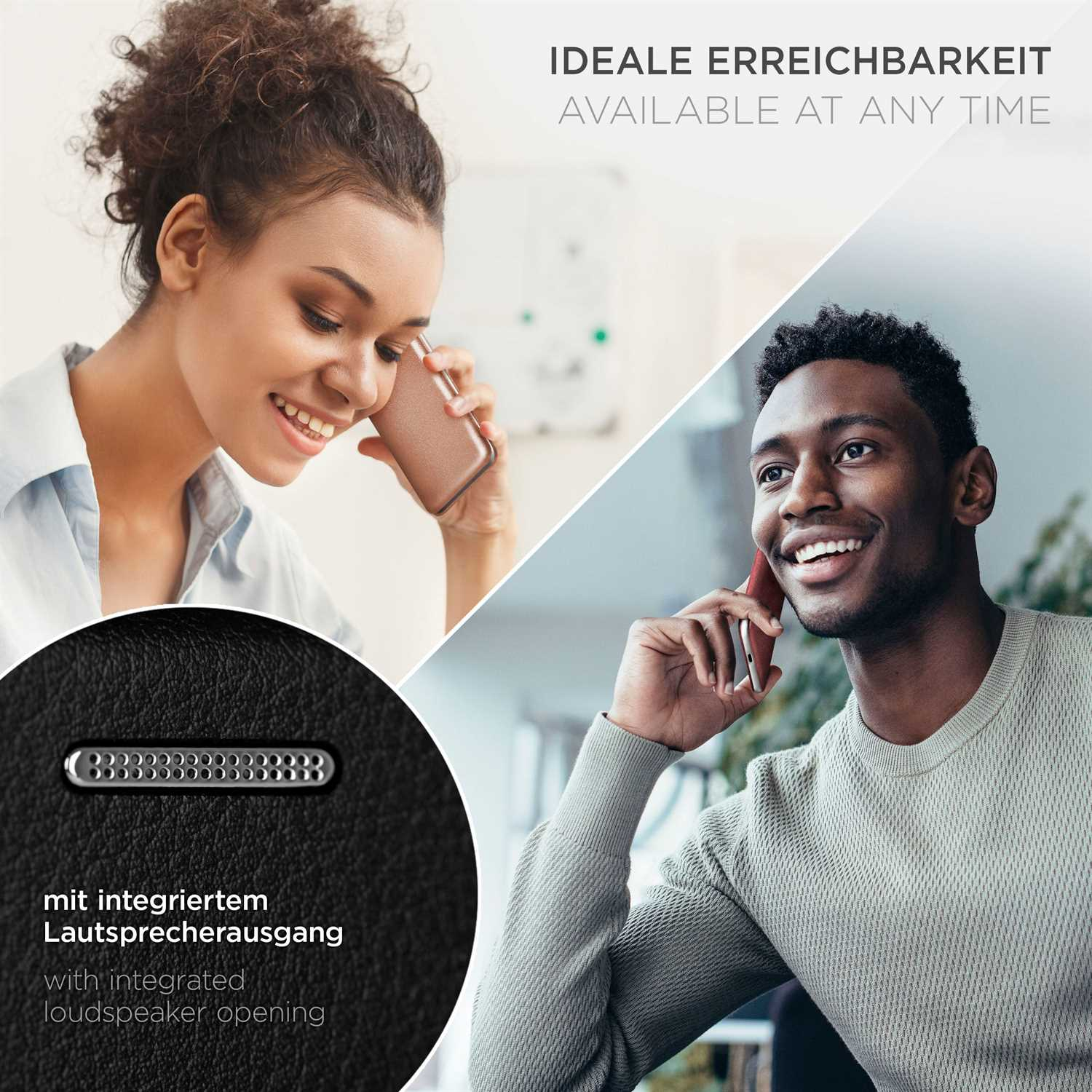 Eine Frau und ein Mann telefonieren. Eine Nahaufnahme zeigt eine Lautsprecheröffnung auf schwarzem Untergrund.