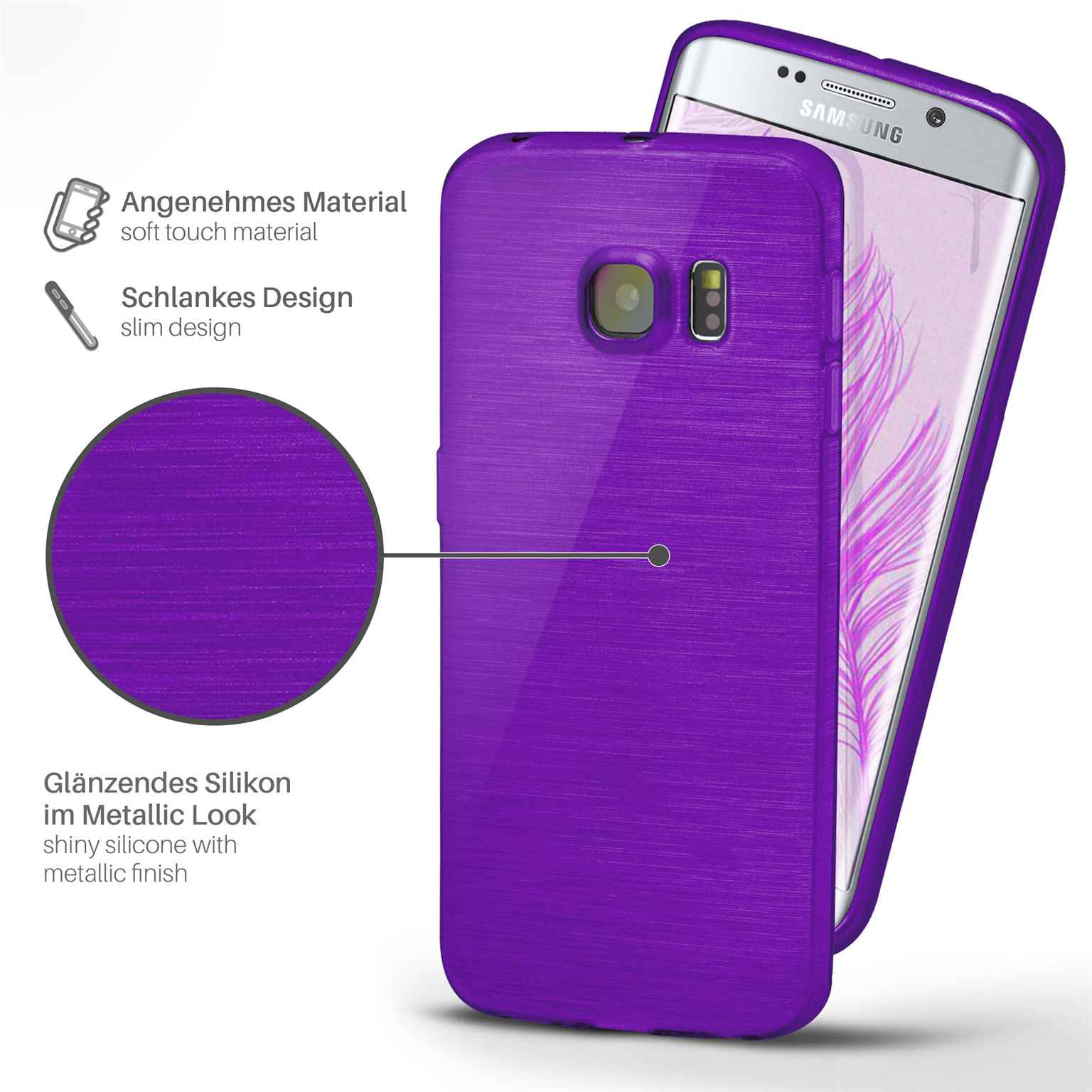 Eine lila Handyhülle mit Metallic-Finish befindet sich rechts neben einem Samsung-Handy.