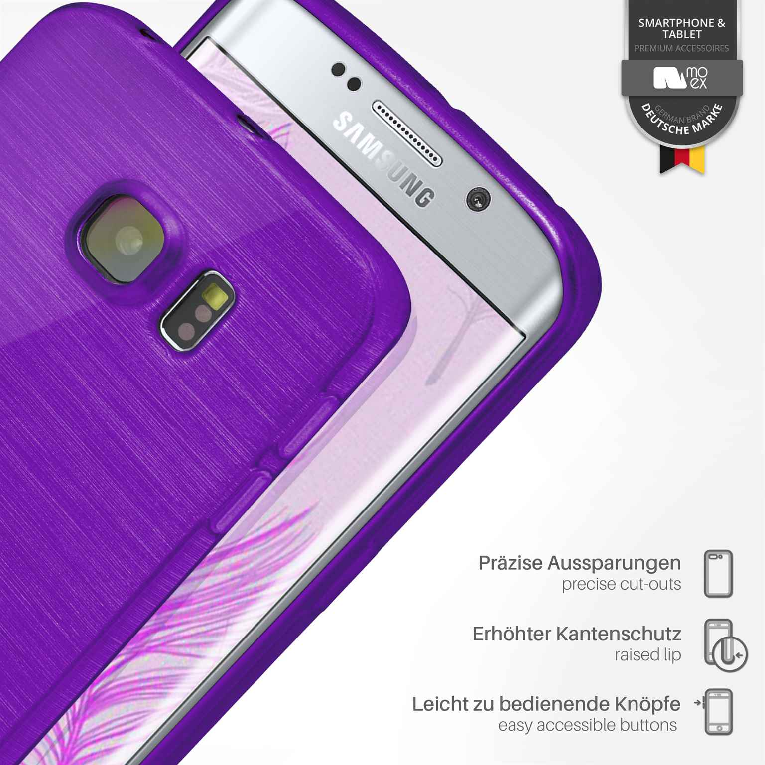 Lila Handyhülle auf einem Samsung-Handy. Details umfassen präzise Aussparungen und erhöhte Kante.