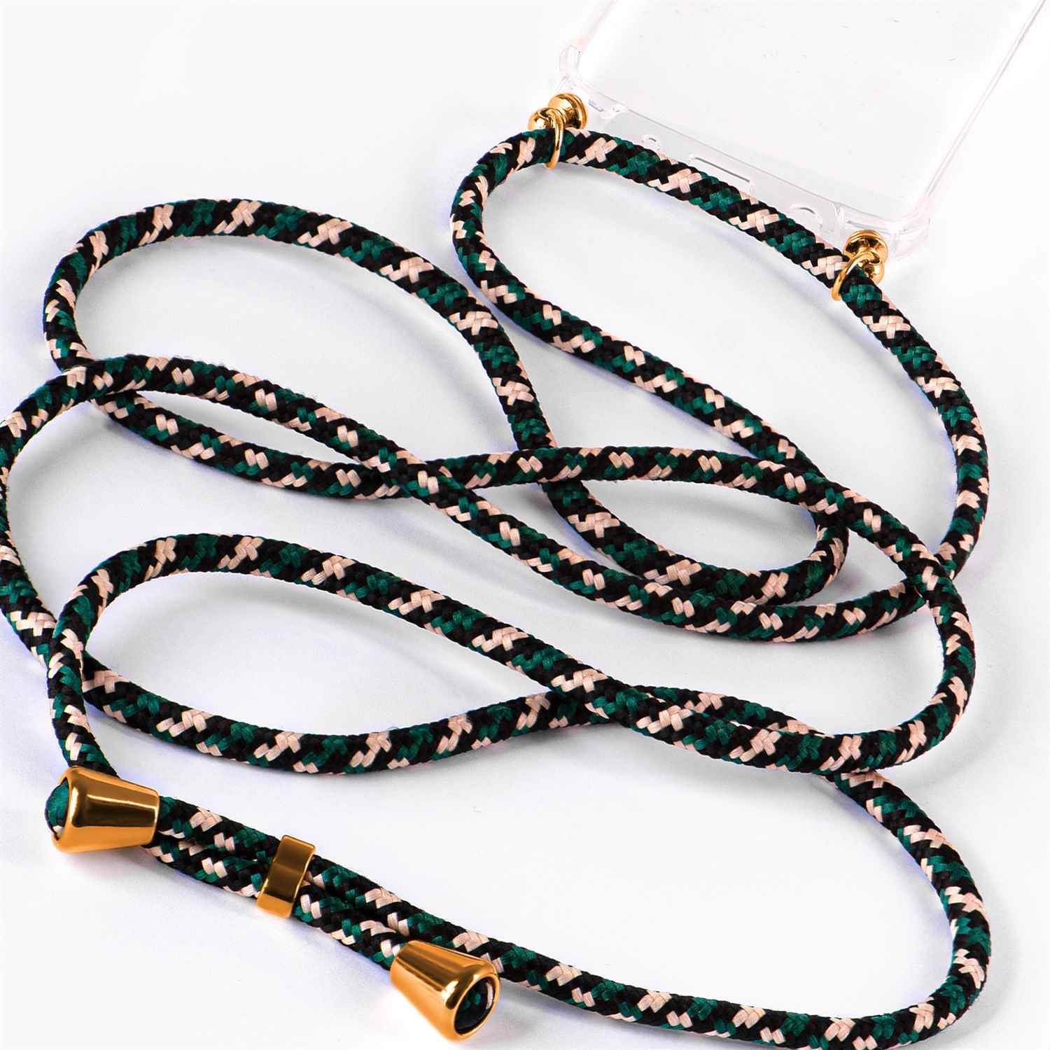 Ein Handy-Lanyard mit grünem, schwarzem und pinkfarbenem geflochtenem Kordel, goldenen Details und einer transparenten Handyhülle.