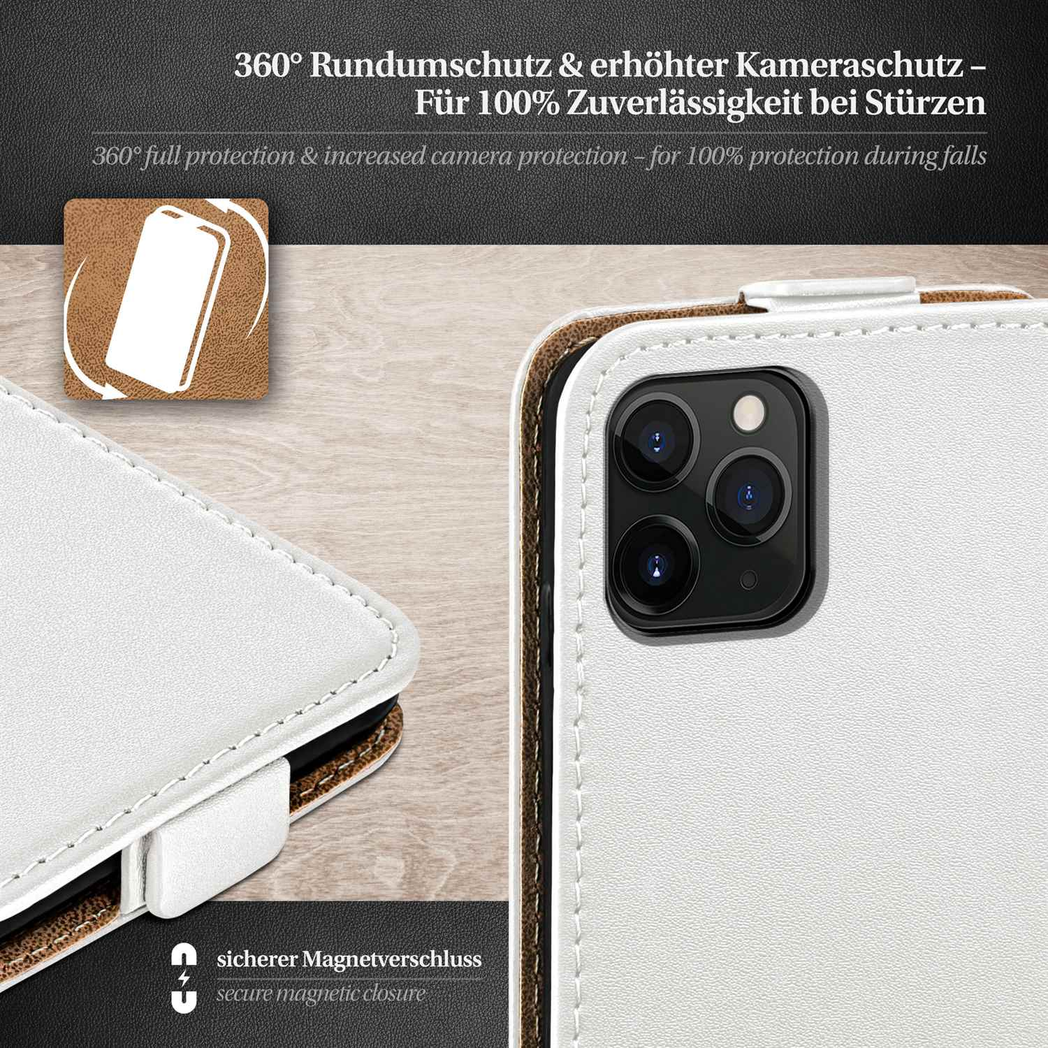 Nahaufnahme einer weißen Handyhülle mit braunem Innenraum, zeigt ein Telefon und Text über Schutz.