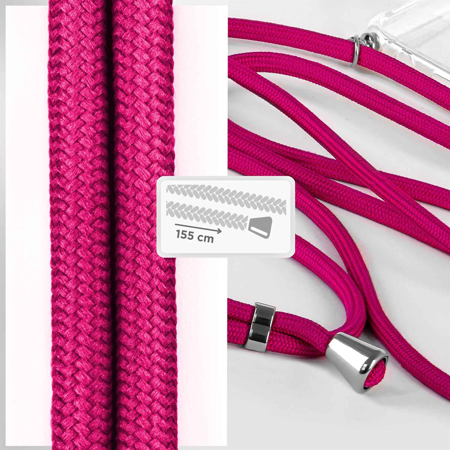 Nahaufnahme des pinkfarbenen geflochtenen Telefon-Lanyards und der Gehäusekomponenten, mit einem Etikett mit 155 cm Länge.