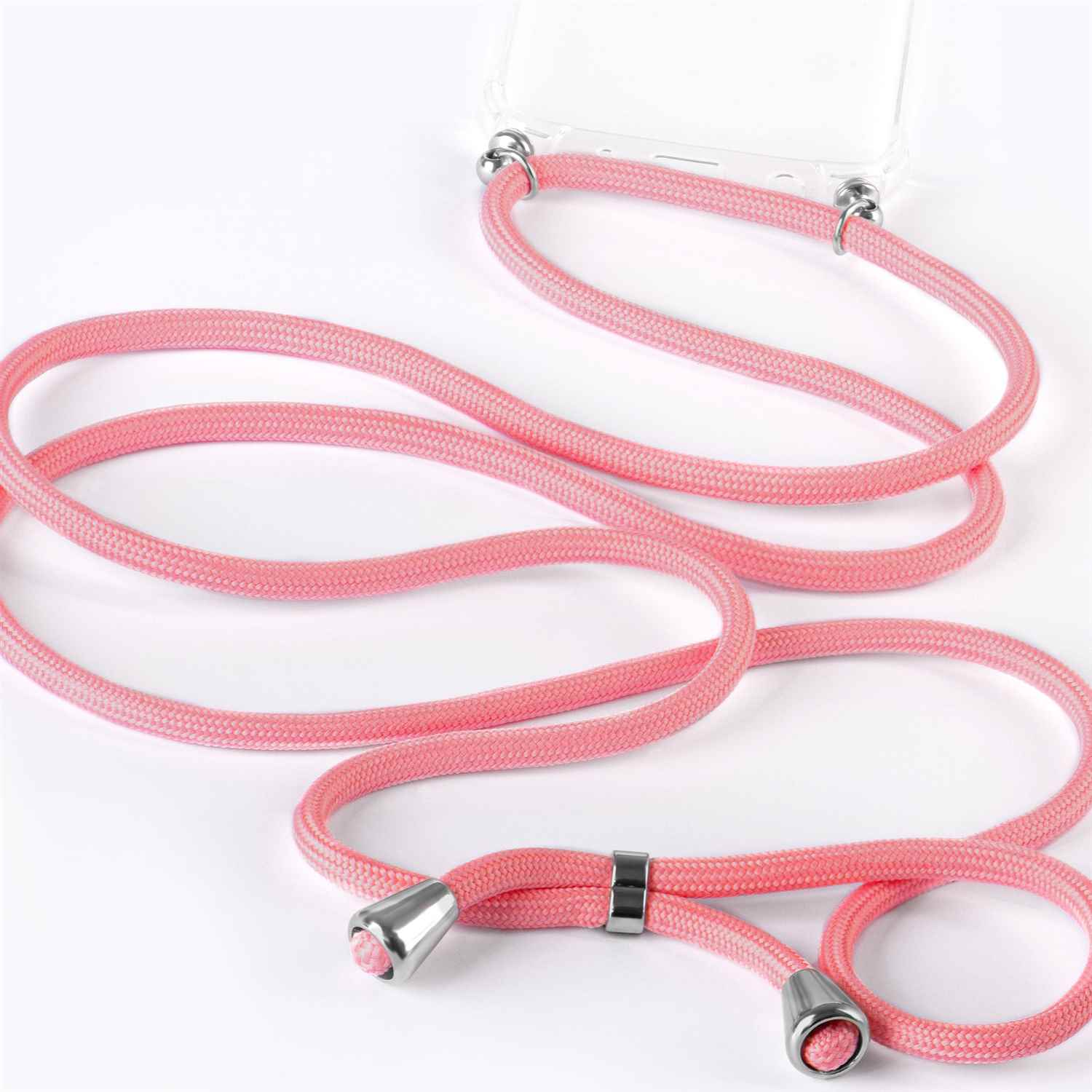 Rosa Lanyard für ein Telefon. Das Lanyard besteht aus einem Seil mit Metalldetails für das Telefon.