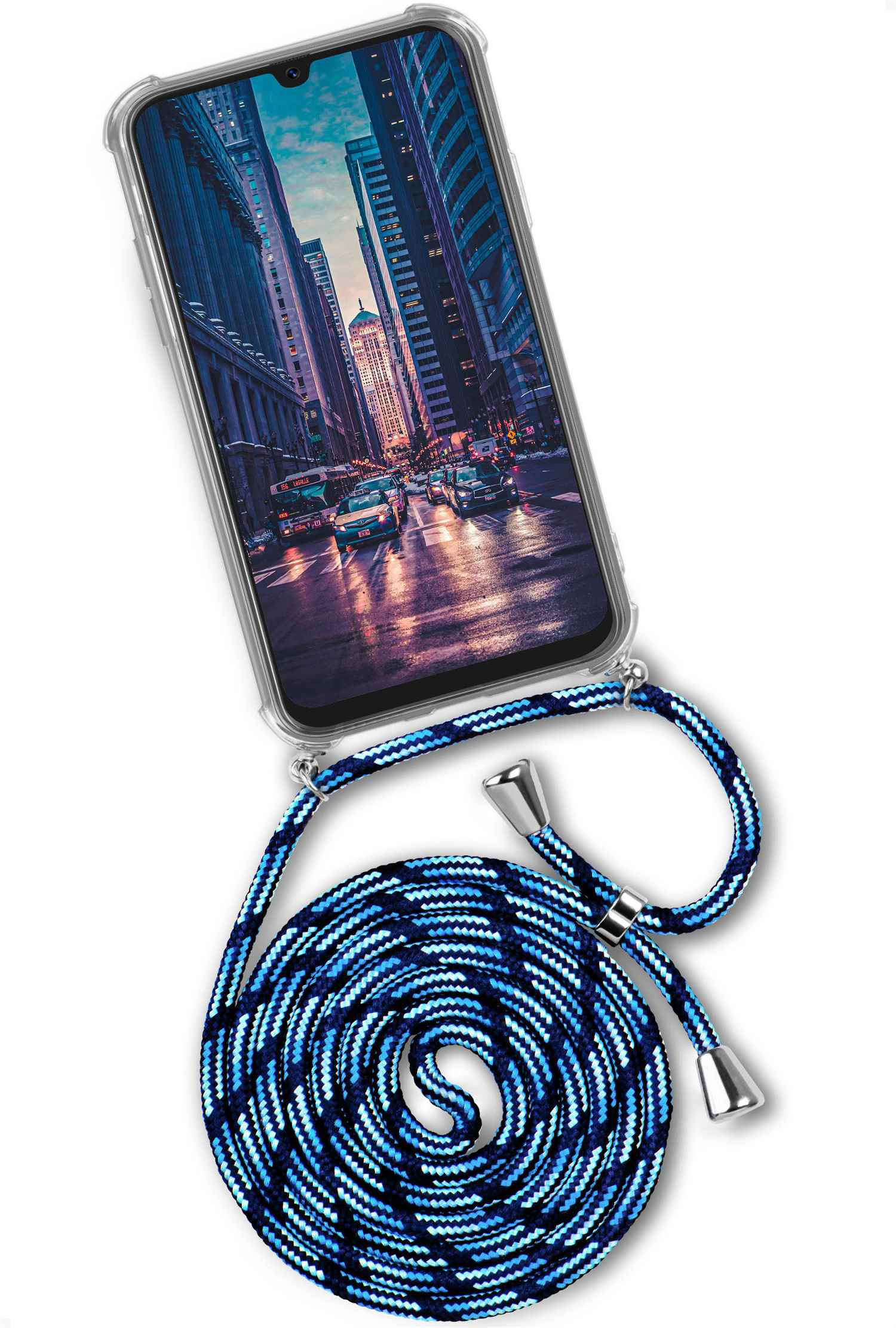Telefon mit blauem Kabel. Der Bildschirm zeigt eine nächtliche Stadtstraße.