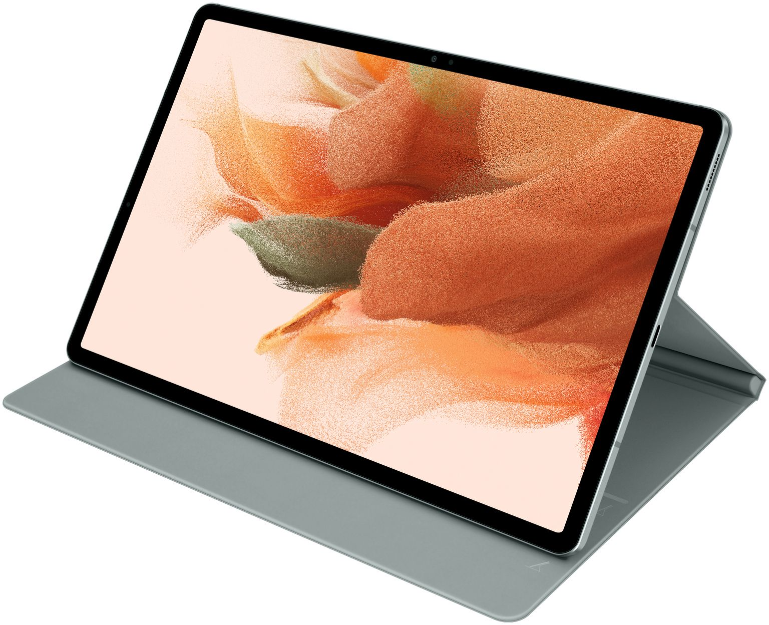 Tablette avec écran sur une couverture grise, vue inclinée.