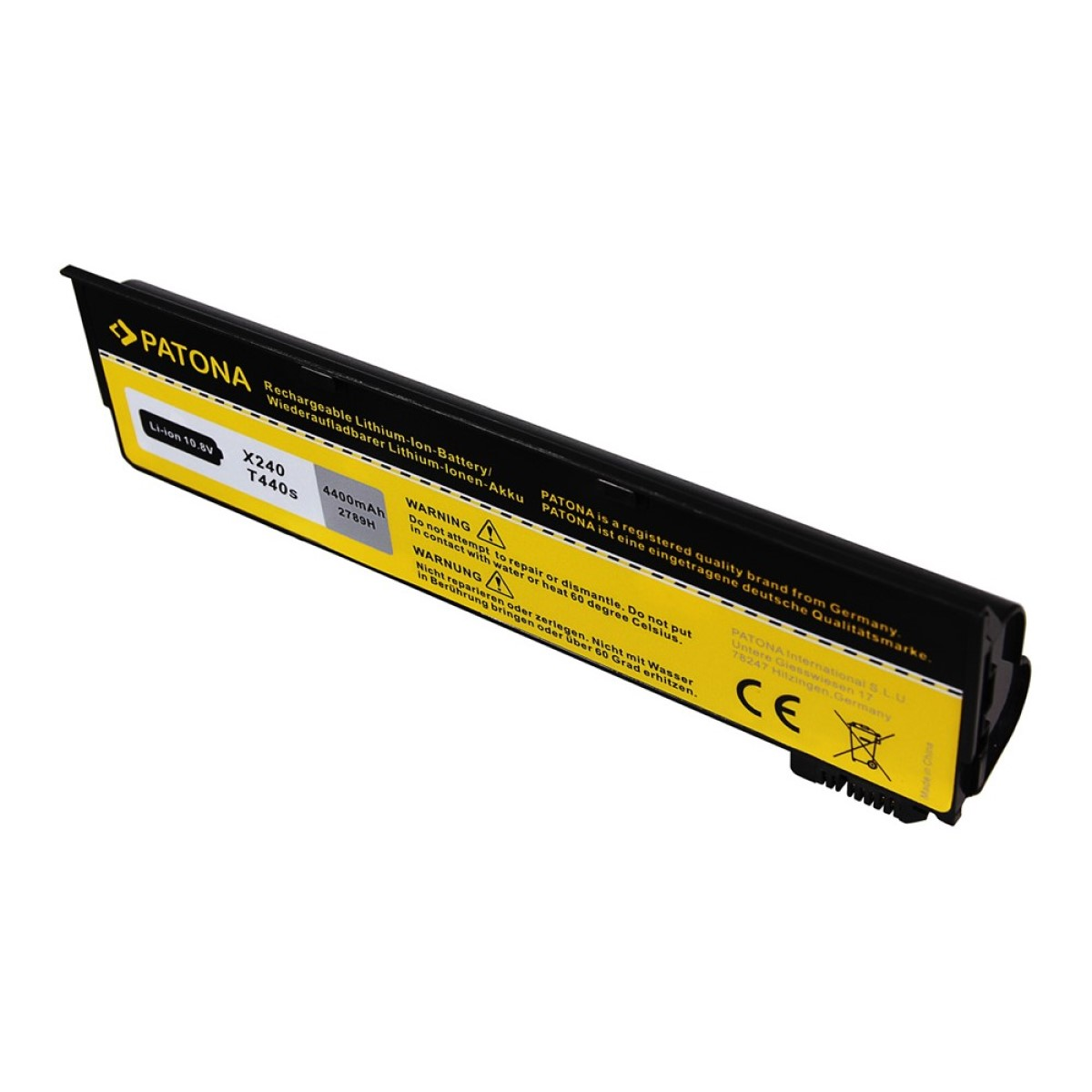 Schwarzer Akku mit Textaufklebern, darunter "Rechargeable Lithium Ion Battery". Warnhinweise sind ebenfalls sichtbar.