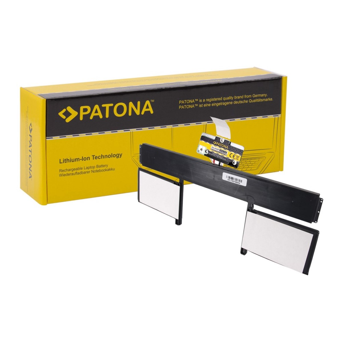 Laptop-Akkupack in gelber Box. Die Box hat den Markennamen 'PATONA' drauf. Ein Laptop ist an der Seite.