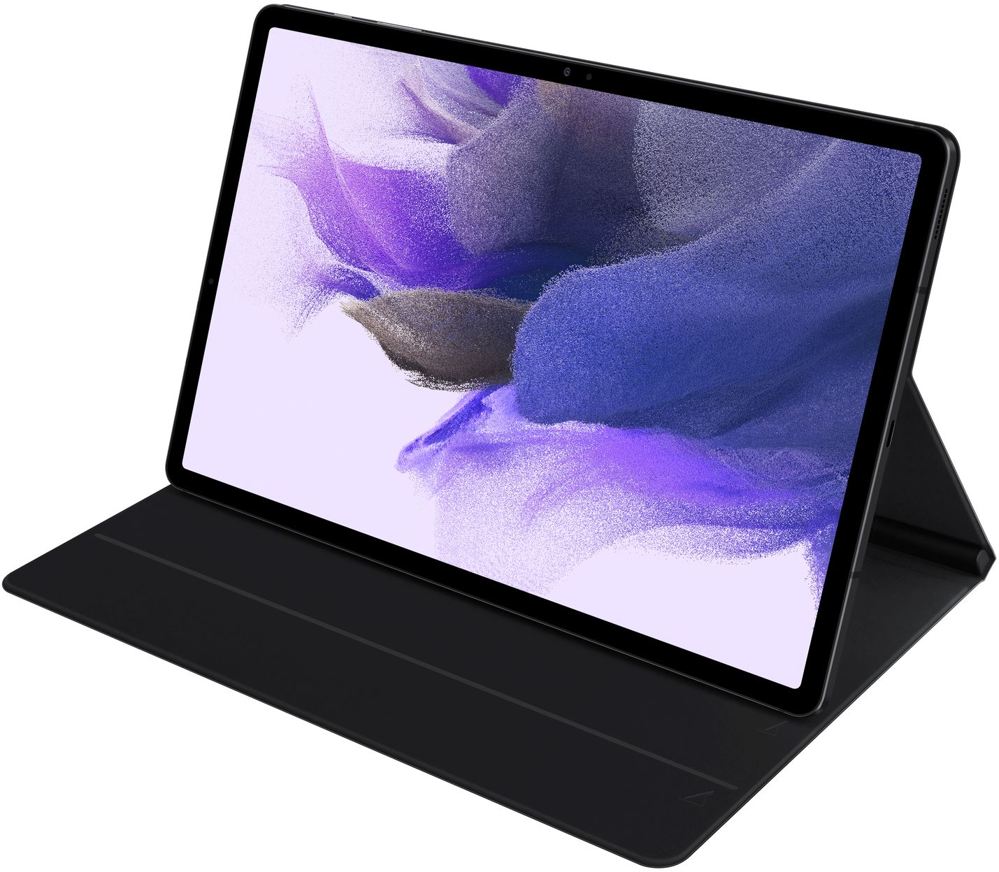 Tableta con bisel negro en una cubierta negra. La pantalla muestra una imagen abstracta púrpura y azul.