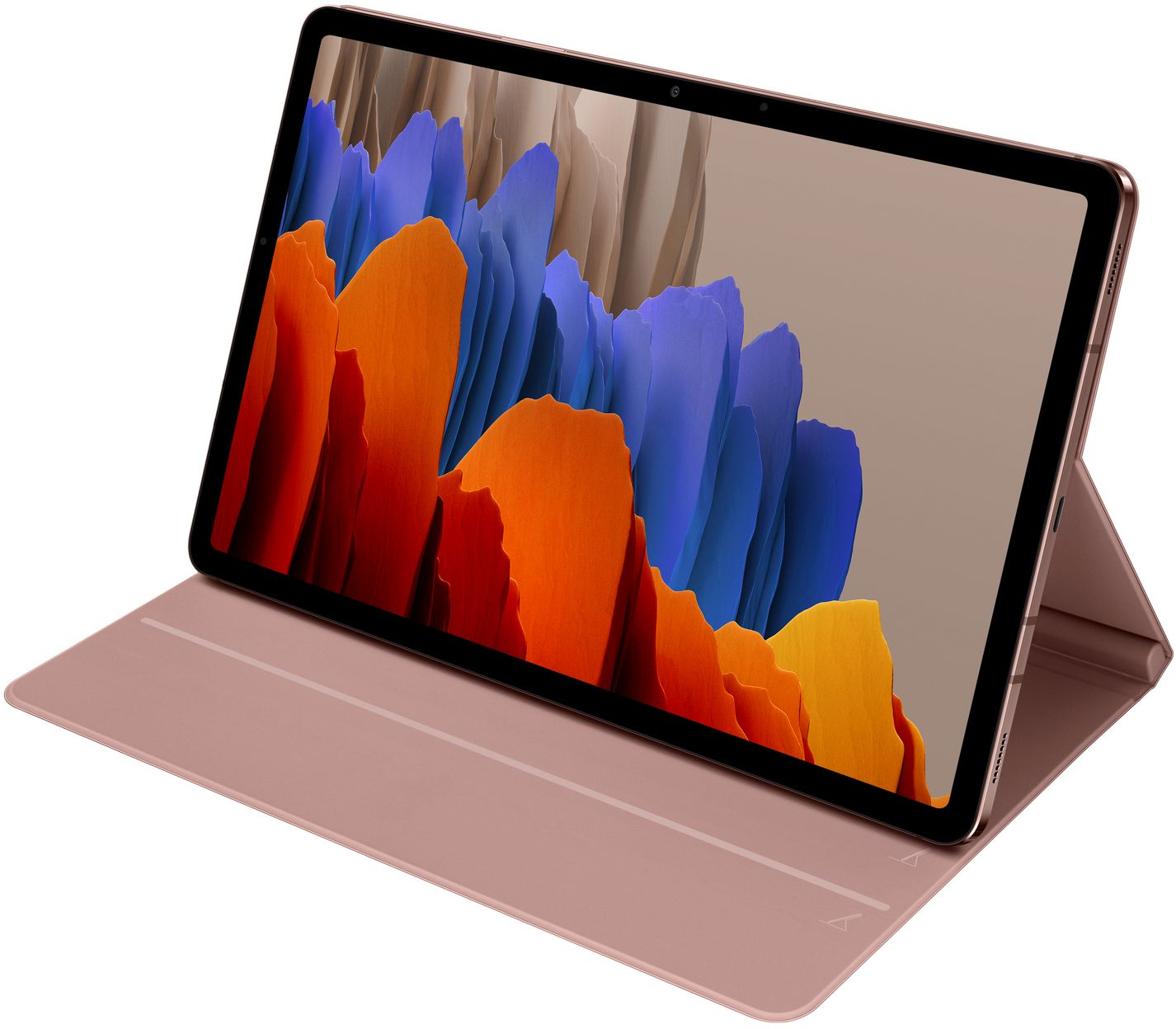 Tablette sur un support et une housse. L'écran affiche une image avec des couleurs orange, bleu et jaune.