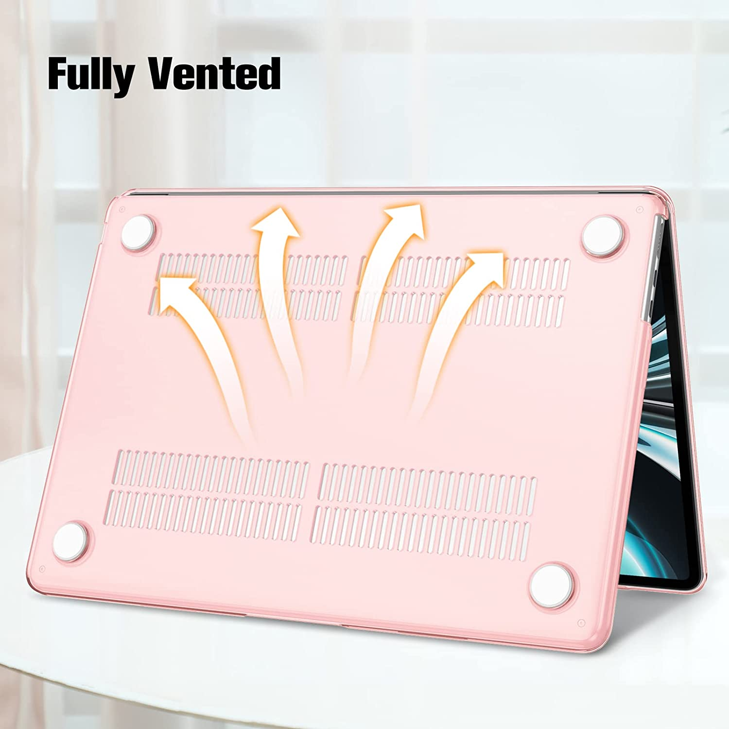 Rosa Laptop-Hülle mit weißen Pfeilen, Text 'fully vented'. Laptop-Hülle mit Aussparungen.