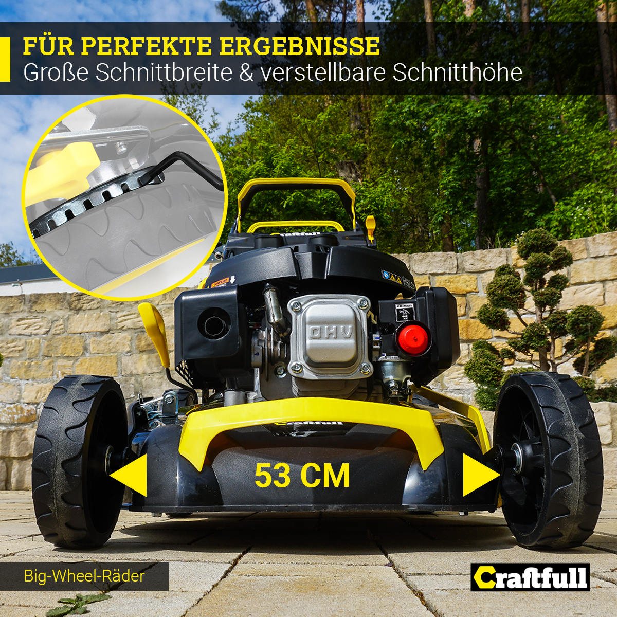 CRAFTFULL Premium 5in1 (Schnittbreite: 25-75 l mm, CR-196-10, Fangkorb-Volumen) 62 Rasenmäher Schnitthöhe Verstellbare mit mm, 53