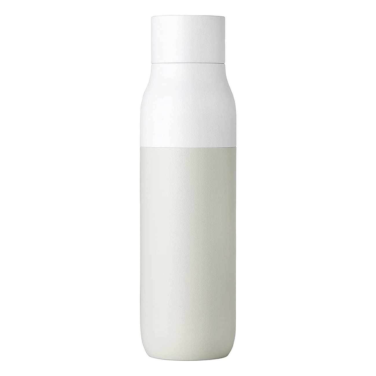 Eine weiße und hellbeige Wasserflasche. Der obere Teil ist weiß. Der untere Teil ist hellbeige.