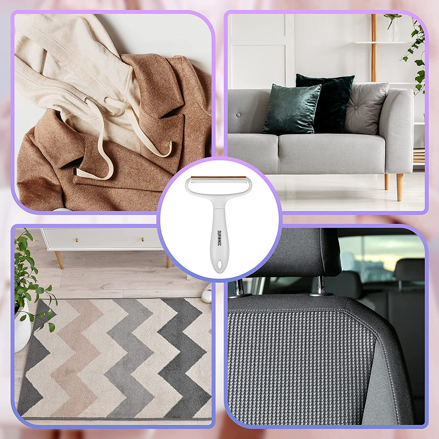 Collage von Objekten: Kapuzenpullover, Mantel, Couch, Teppich und Autositz. Tierhaarentferner.