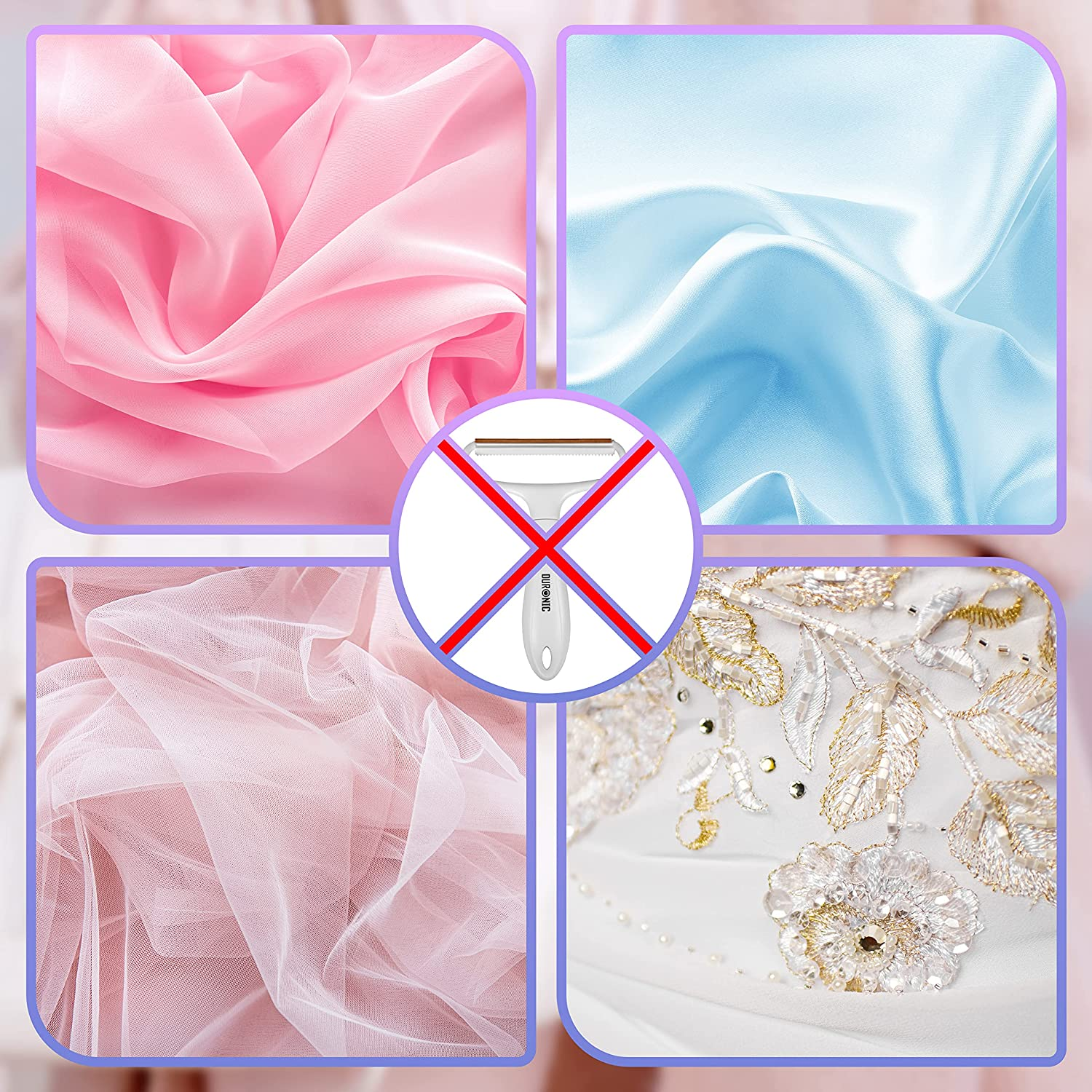 Vier Stoffbilder. Rosa, Blau, rosa Tüll und ein weißes Kleid mit goldener Stickerei. Rasierer durchgestrichen.