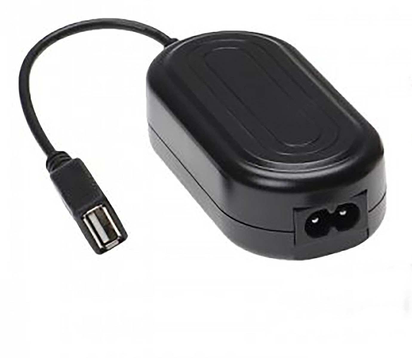Ein schwarzes Telefonladegerät mit USB-Anschluss und einem zweipoligen Stecker.
