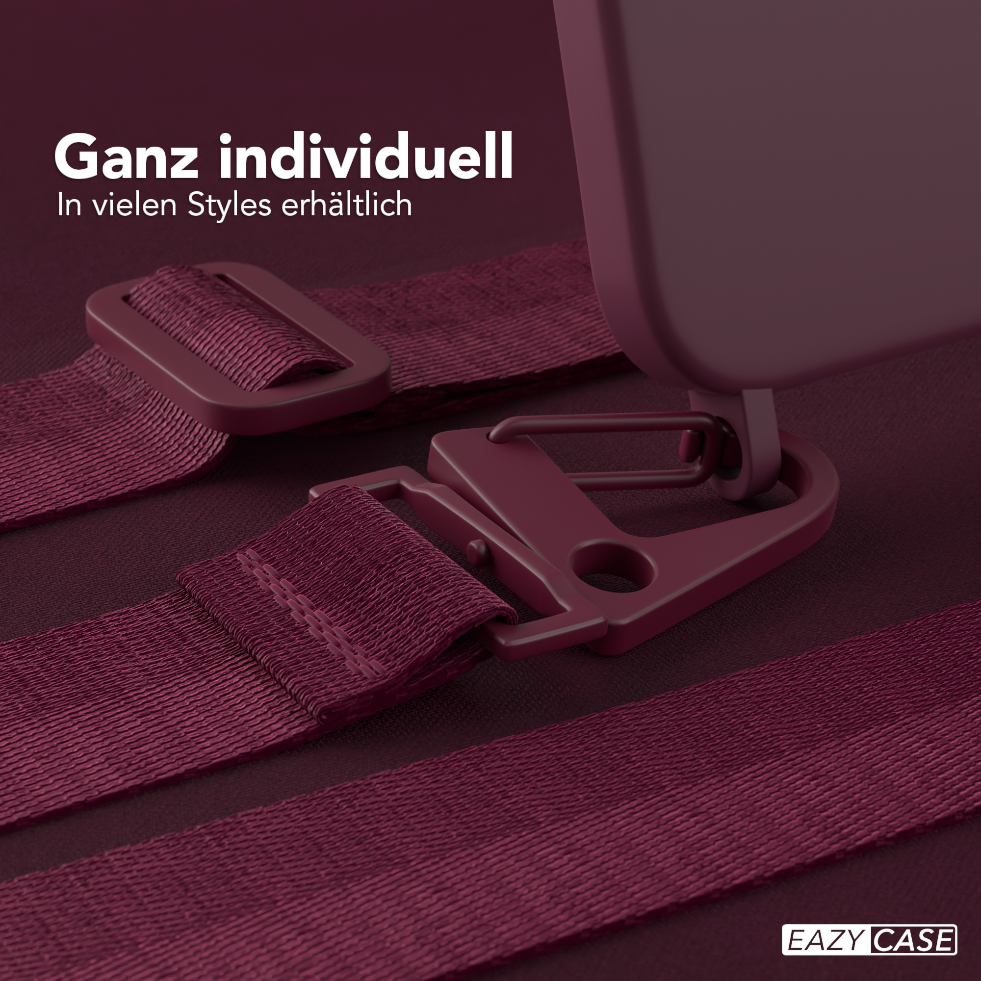 Burgunderfarbener Handyriemen und Handyhülle mit dem Text "Ganz individuell".