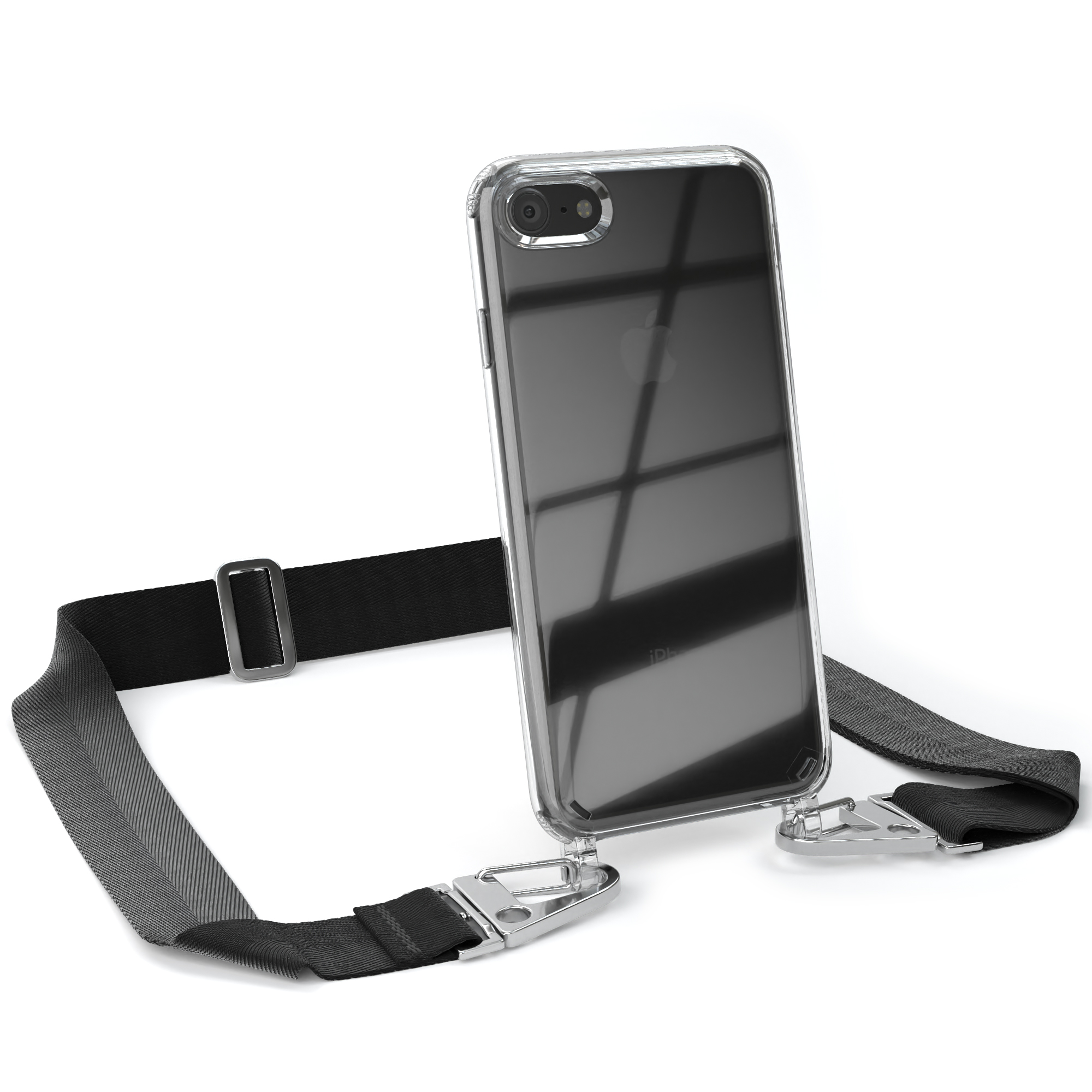 Transparente Handyhülle mit schwarzem Riemen, Telefon darin. Der Riemen ist an der Hülle befestigt.