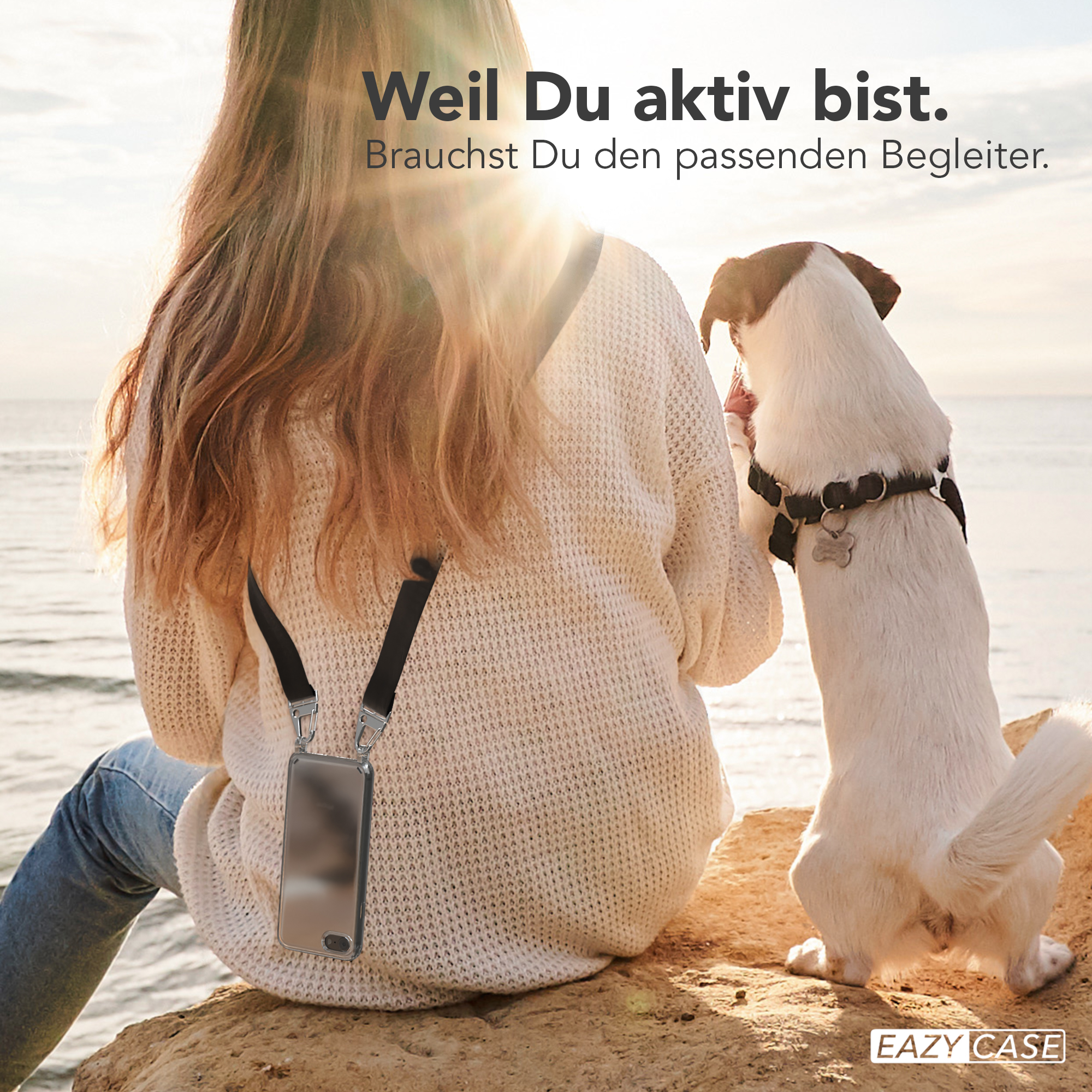 Frau mit Handyhülle, Hund steht daneben. Text: "Weil Du aktiv bist."
