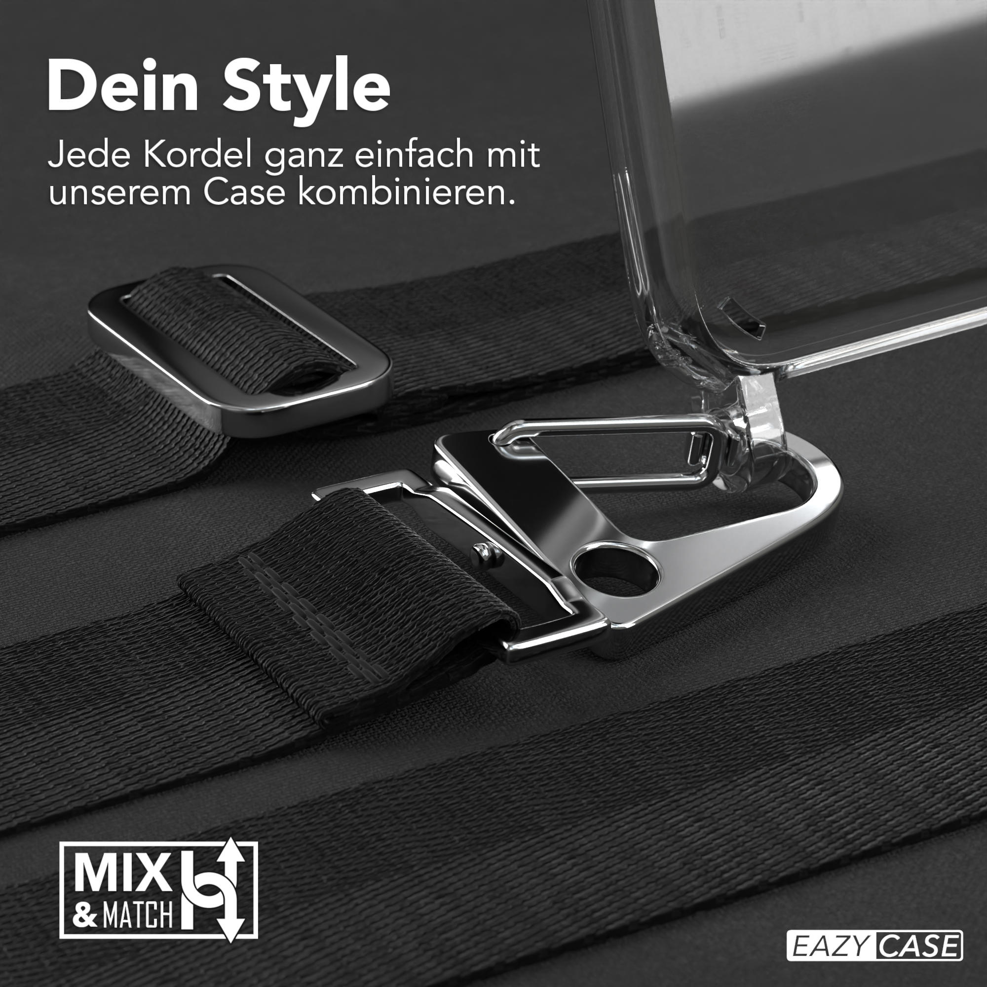 Nahaufnahme einer Handyhülle mit Riemen und Metallbefestigungen. Der Text lautet 'easy case'.