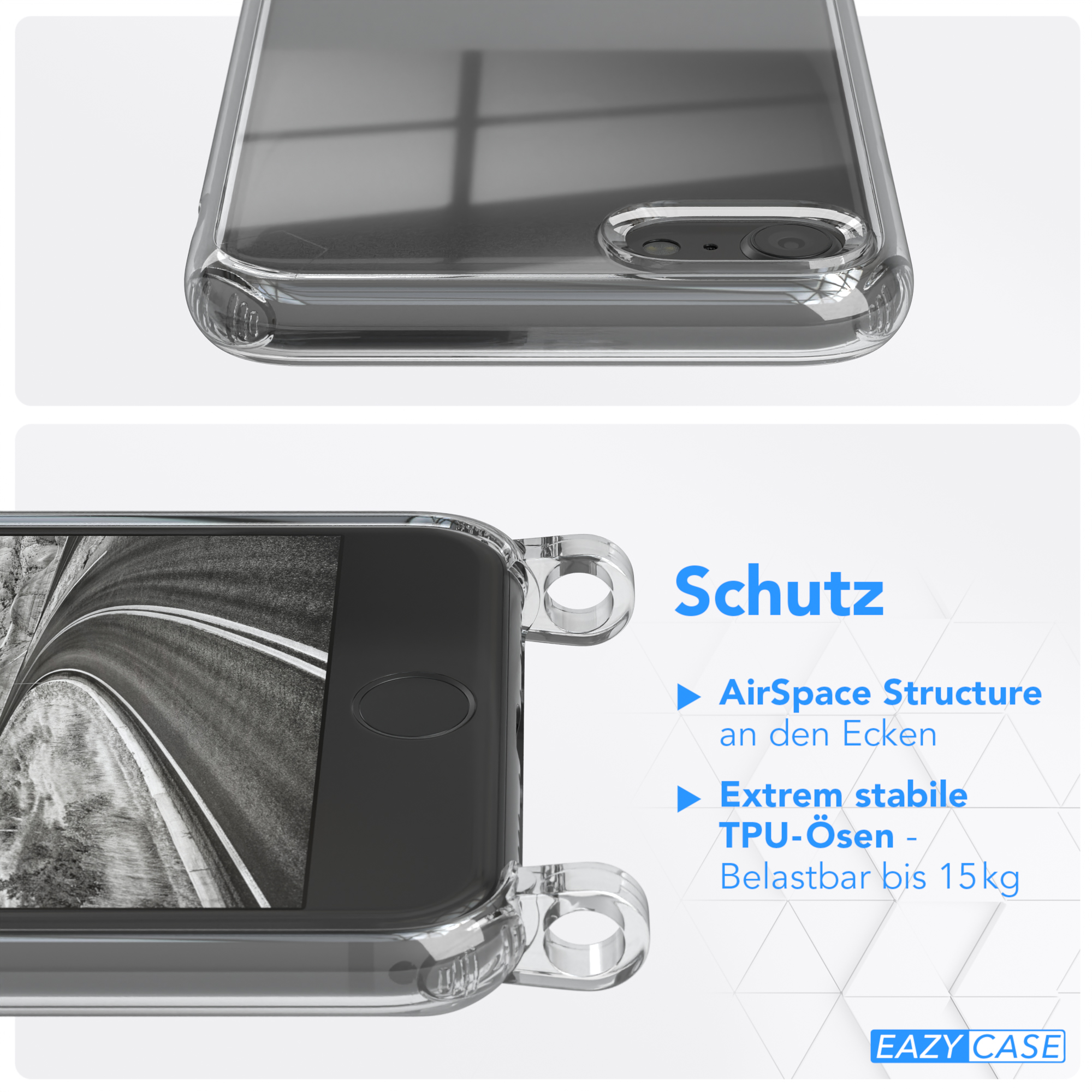 Zwei Handyhüllen in Nahaufnahme. Transparente Hülle mit dem Telefon darin. Text: 'Schutz' und 'AirSpace Structure'.