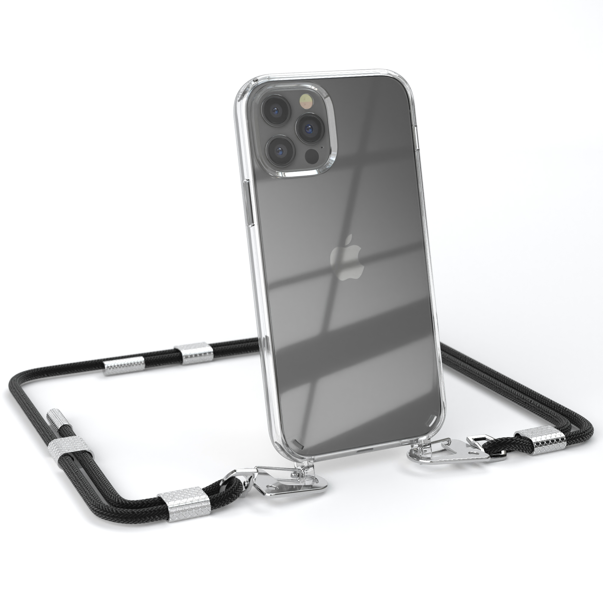 Transparente Handyhülle mit schwarzem Kabel. Silberne Verschlüsse und weißer Hintergrund. Apple-Logo auf dem Telefon.