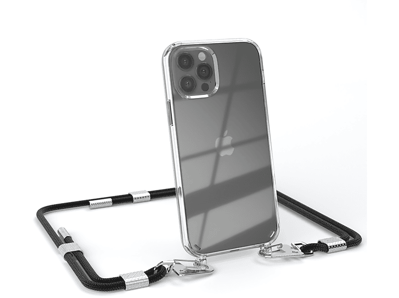 EAZY CASE Transparente Handyhülle mit runder Kordel + Karabiner, Umhängetasche, Apple, iPhone 12 / 12 Pro, Schwarz / Silber
