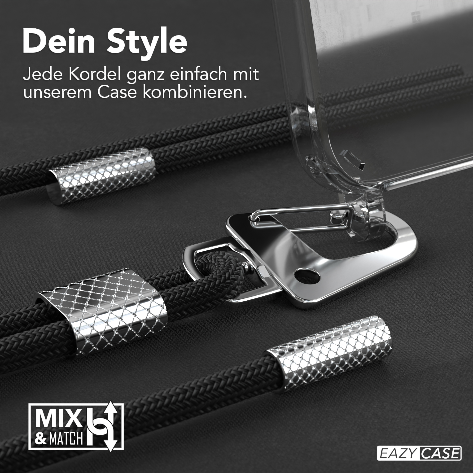 Nahaufnahme des Telefonzubehörs, schwarze Kordeln mit Metallenden, transparente Hülle. Text: Dein Style, einfach kombinieren.
