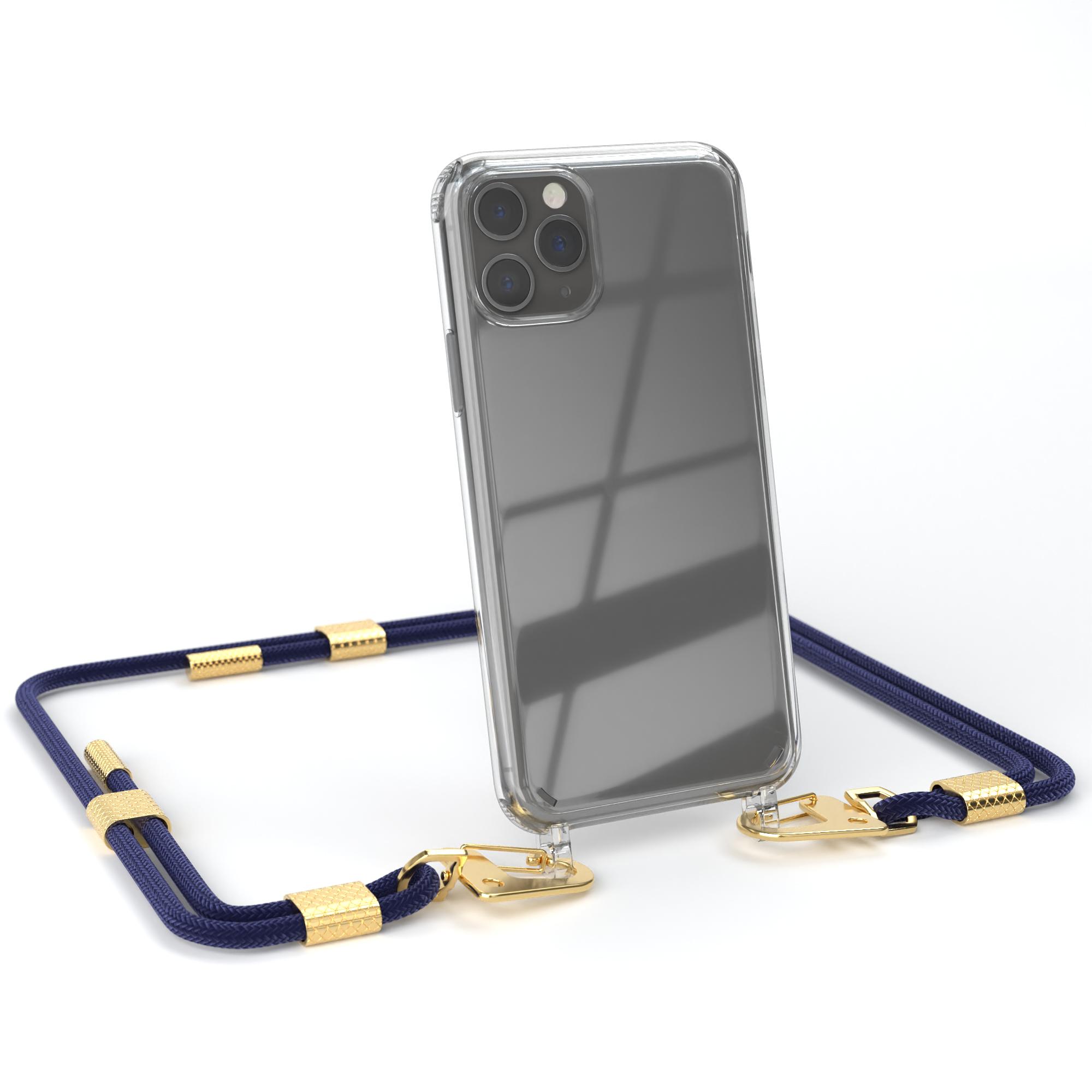Transparente Handyhülle mit Handy und blauem Band mit goldenen Details.
