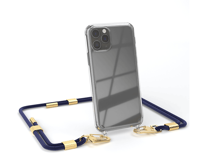 EAZY CASE Transparente Handyhülle mit runder Kordel + Karabiner, Umhängetasche, Apple, iPhone 11 Pro, Nachtblau / Gold