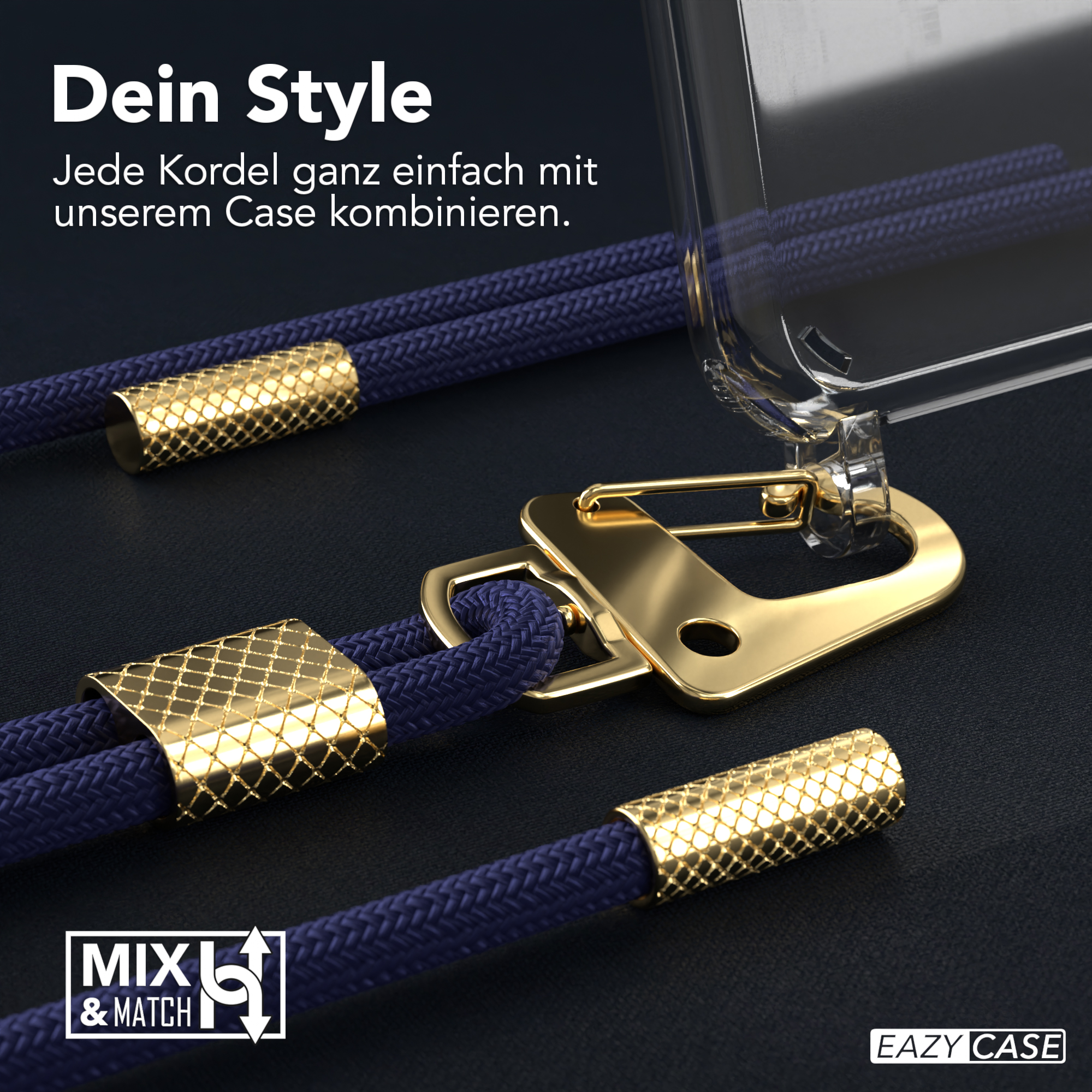 Schwarze Telefonkabel mit goldenen Akzenten auf schwarzem Untergrund. Text: 'Dein Style'.