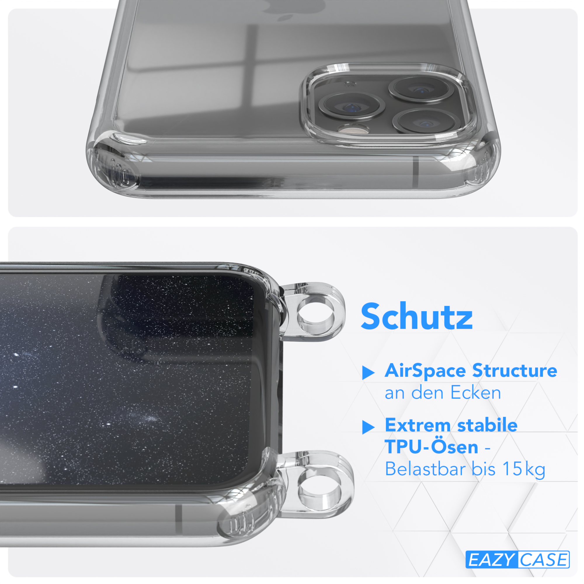 Transparente Handyhülle mit Ringdetail. Text: AirSpace-Struktur, TPU-Ösen, Eazy Case Logo.