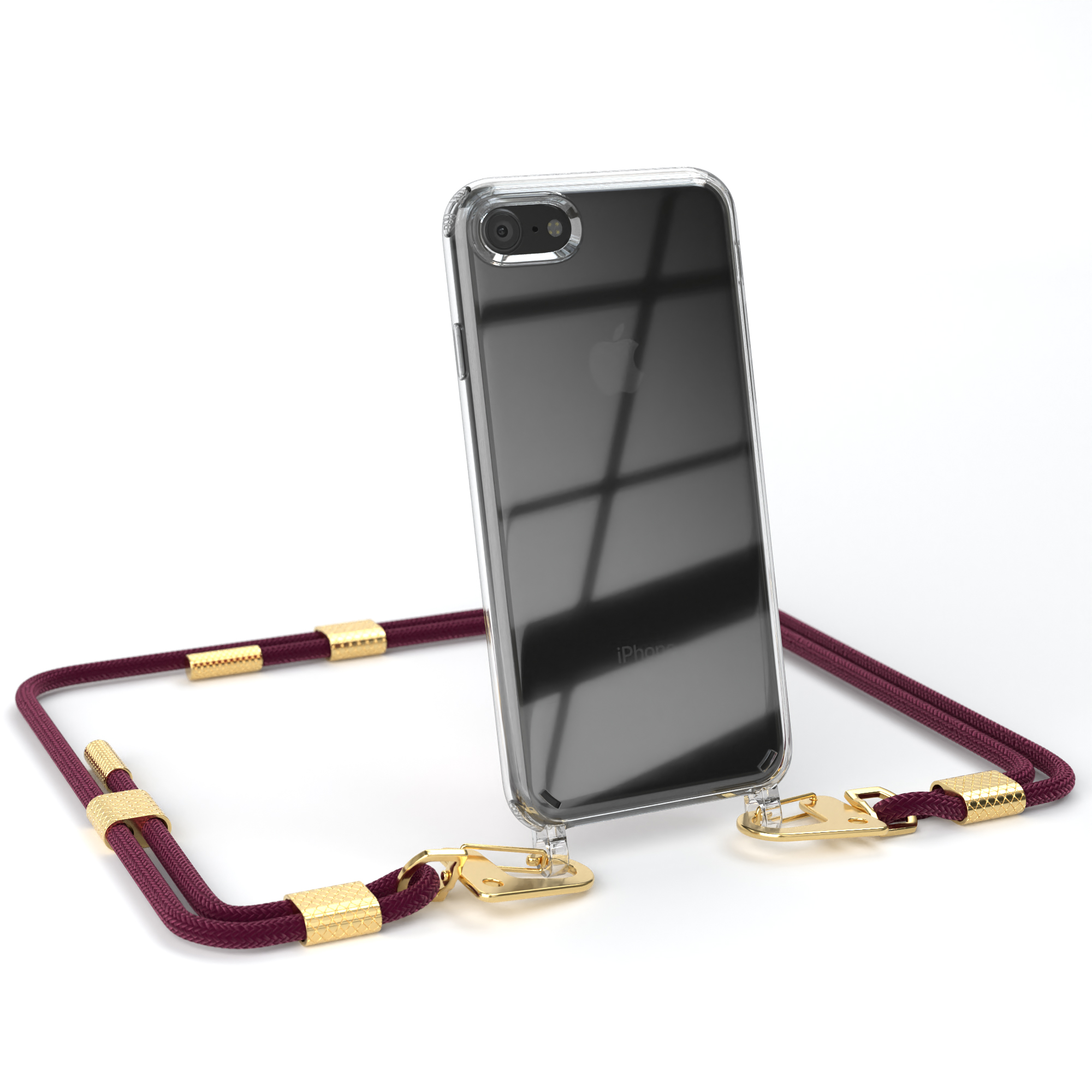 EAZY CASE Transparente Handyhülle runder + Karabiner, 8, mit Bordeaux Kordel iPhone Apple, SE / Umhängetasche, SE Gold / 2022 2020, iPhone / 7