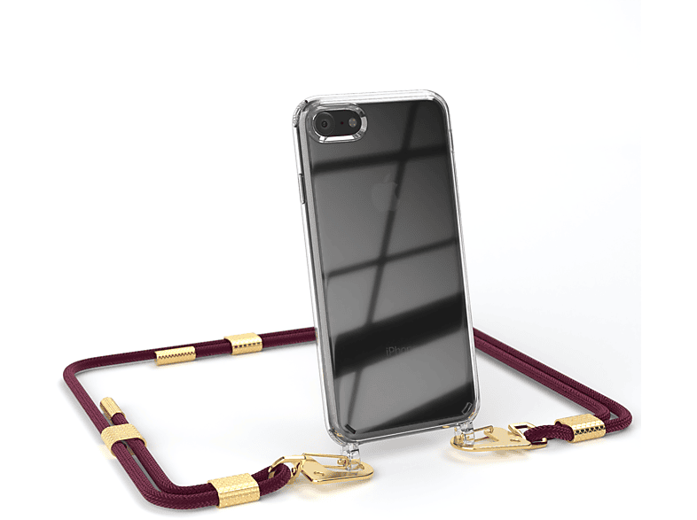 EAZY CASE Transparente Handyhülle mit runder Kordel + Karabiner, Umhängetasche, Apple, iPhone SE 2022 / SE 2020, iPhone 7 / 8, Bordeaux / Gold