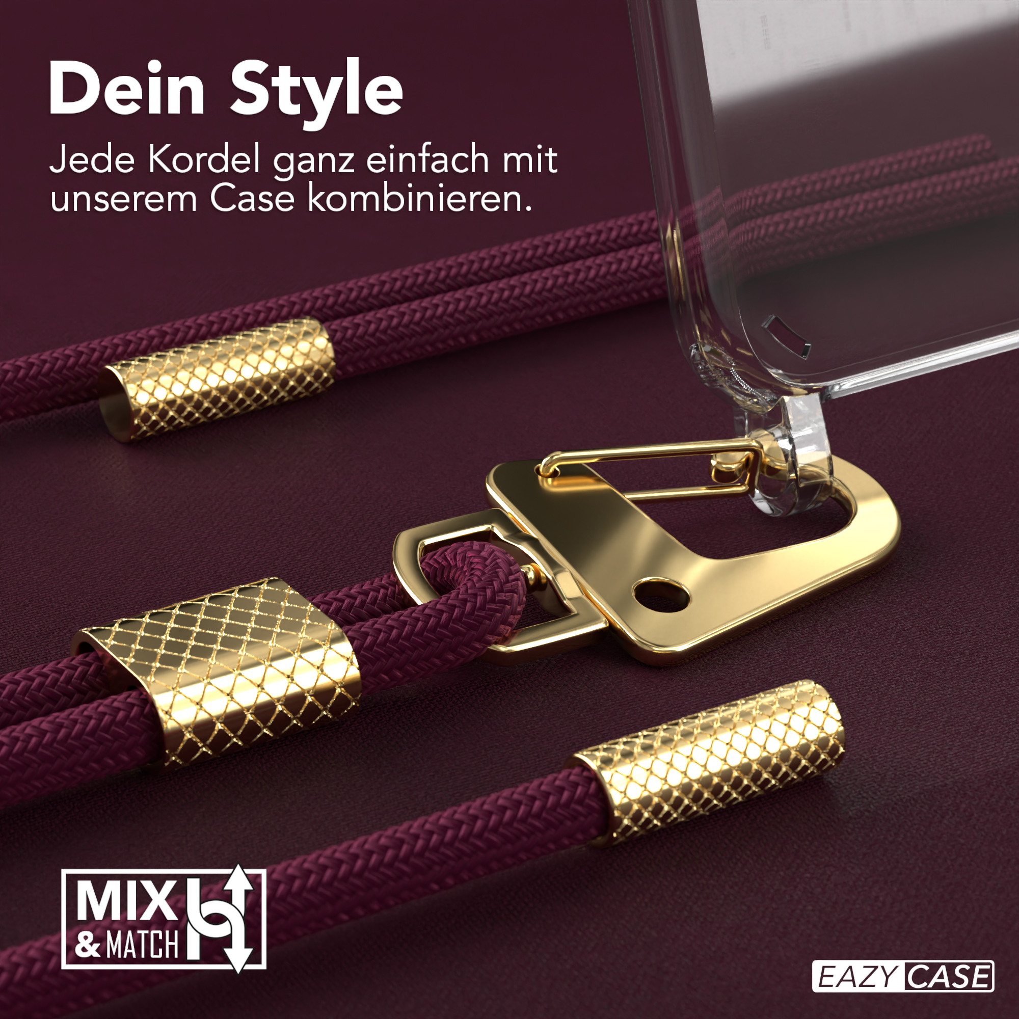 Nahaufnahme eines Handykabels mit burgunderfarbenem Kabel, goldenen Metalldetails und weißem Hintergrund.