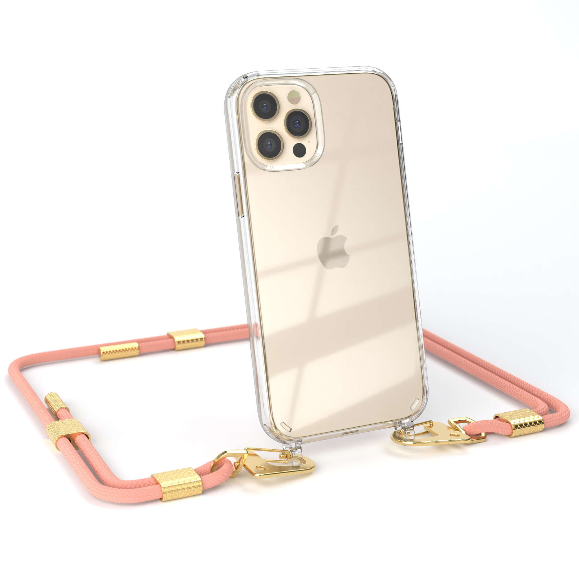 Transparente Handyhülle mit goldenen Details und pinker Kordel. Das Telefon hat drei Kameras.