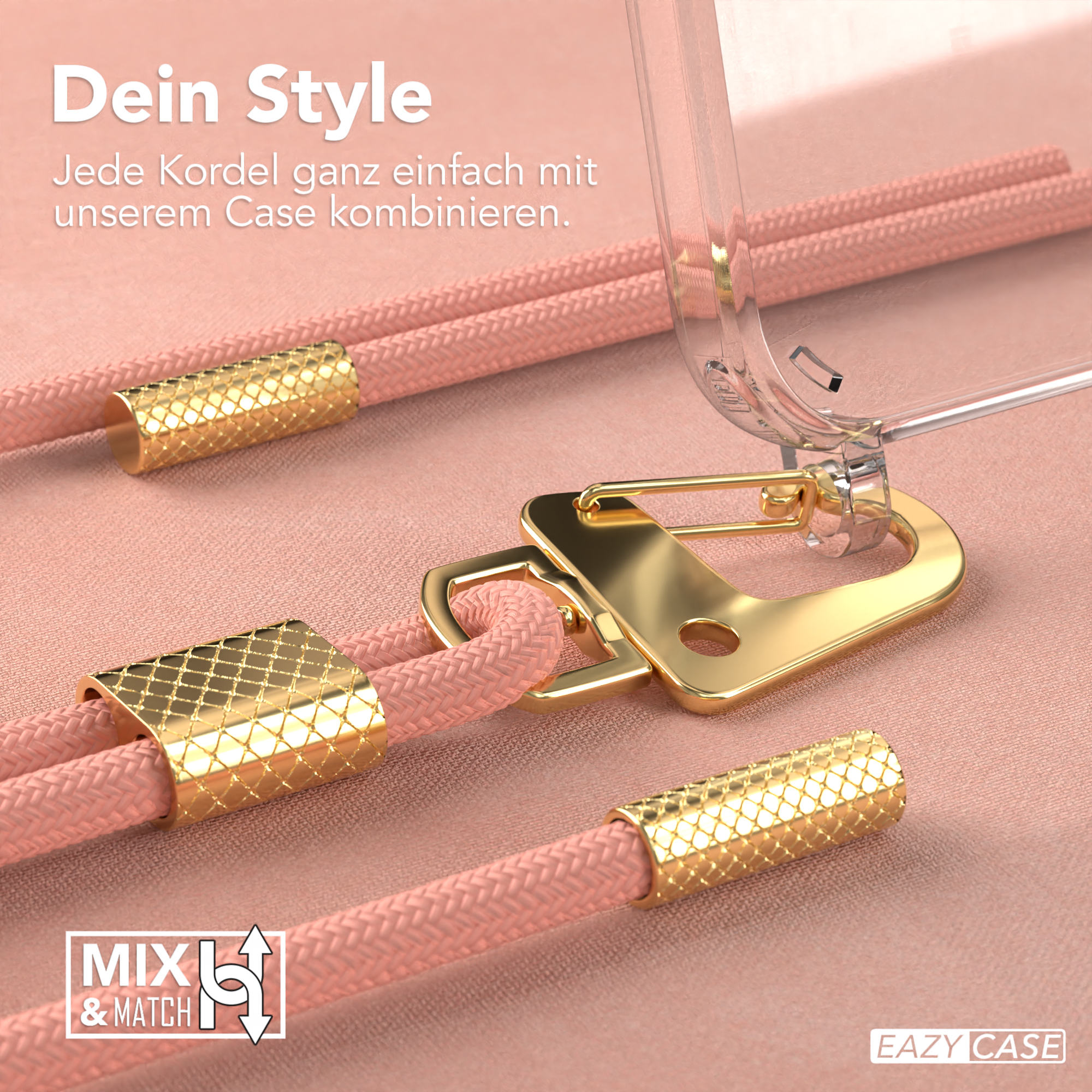 Rosa Telefonriemen mit goldenen Akzenten, und Text 'Dein Style' und 'Eazy Case' sind sichtbar.