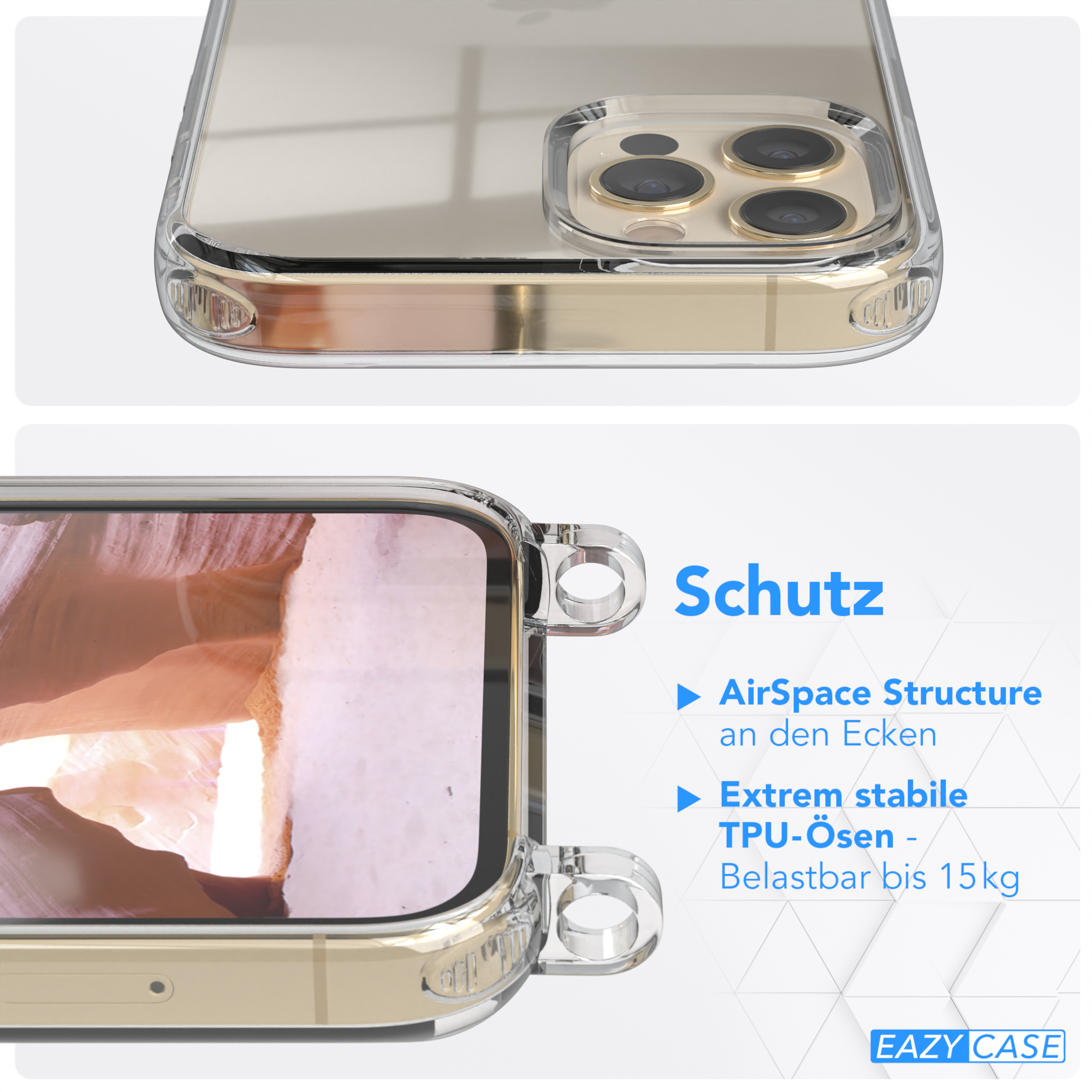 Eine transparente Handyhülle. Merkmale sind AirSpace-Struktur und TPU-Ösen.