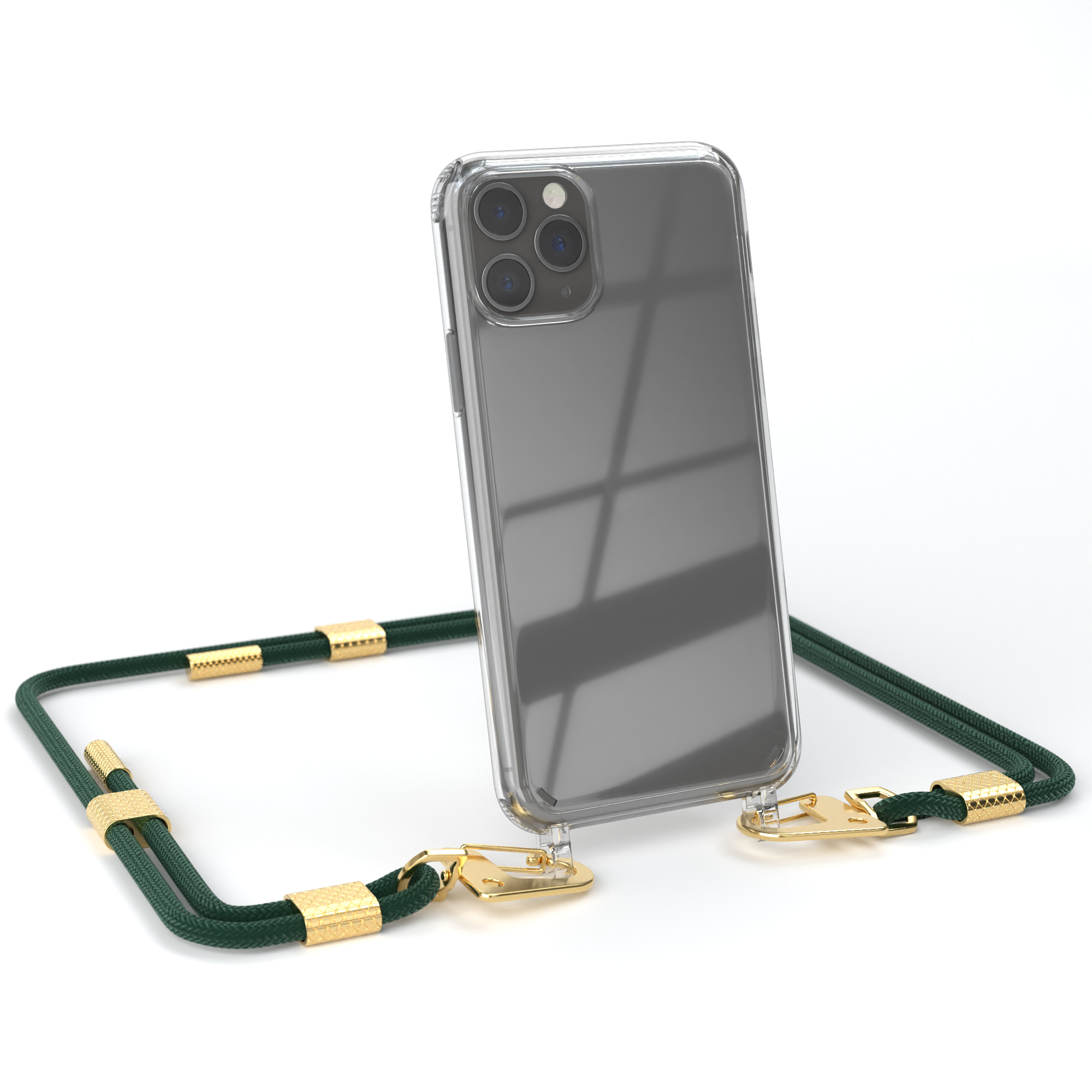 Eine transparente Handyhülle mit einem Telefon darin und ein grünes Schlüsselband mit goldenen Verschlüssen.