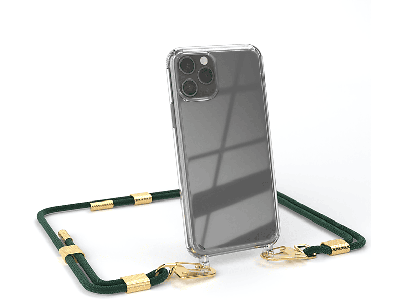 EAZY CASE Transparente Handyhülle mit runder Kordel + Karabiner, Umhängetasche, Apple, iPhone 11 Pro, Nachtgrün / Gold