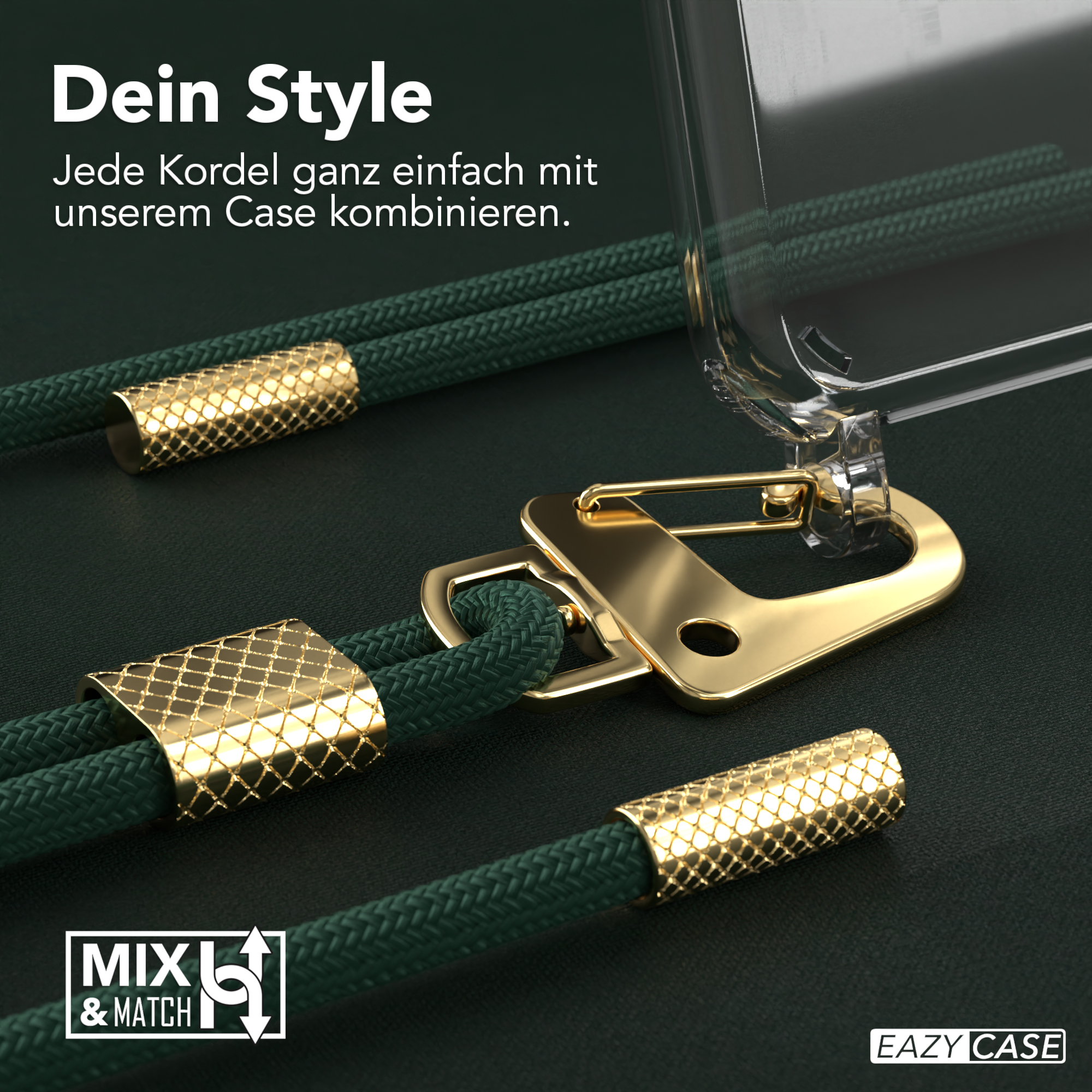 Grünes Handykabel und goldene Akzente. Transparente Handyhülle.