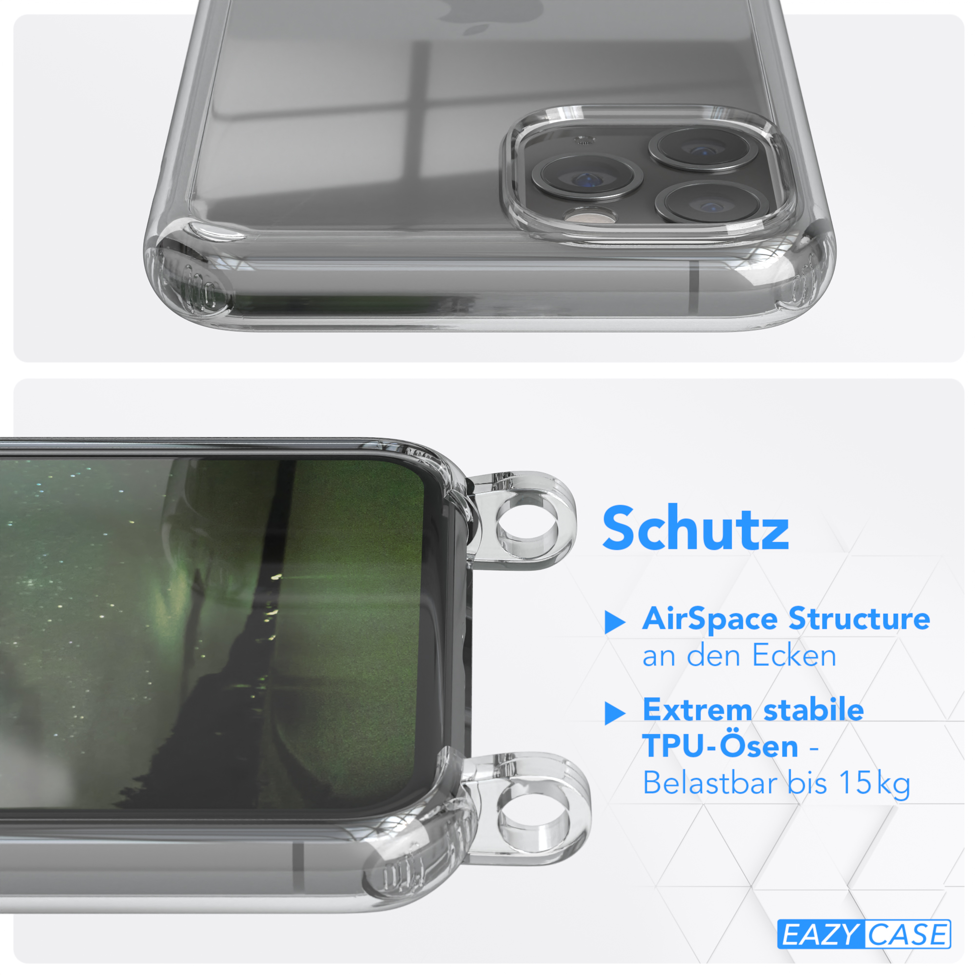 Nahaufnahme einer durchsichtigen Handyhülle mit Telefon, Schutzfunktionen. Text auf Deutsch.