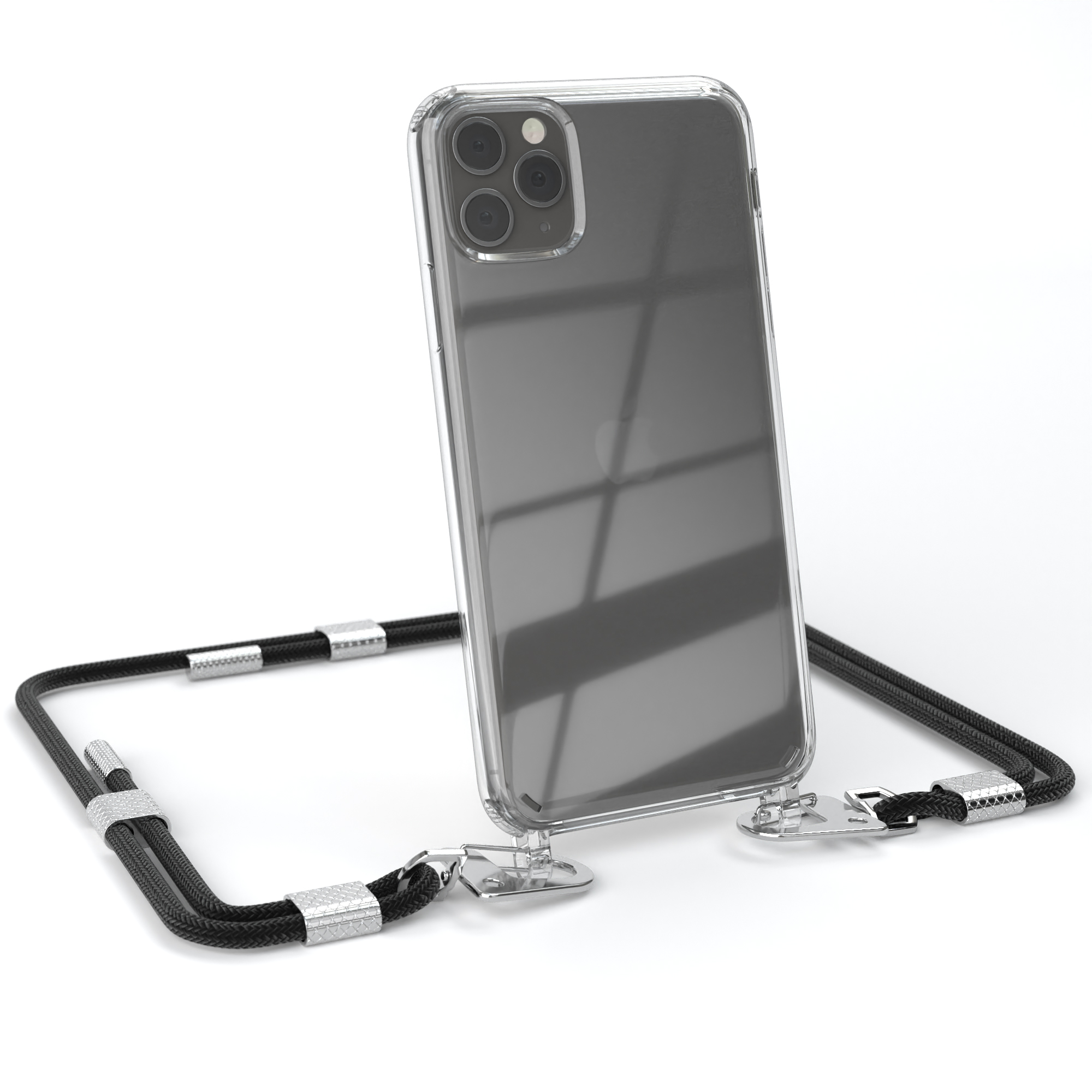 Transparente Handyhülle mit schwarzem Umhängeband.
